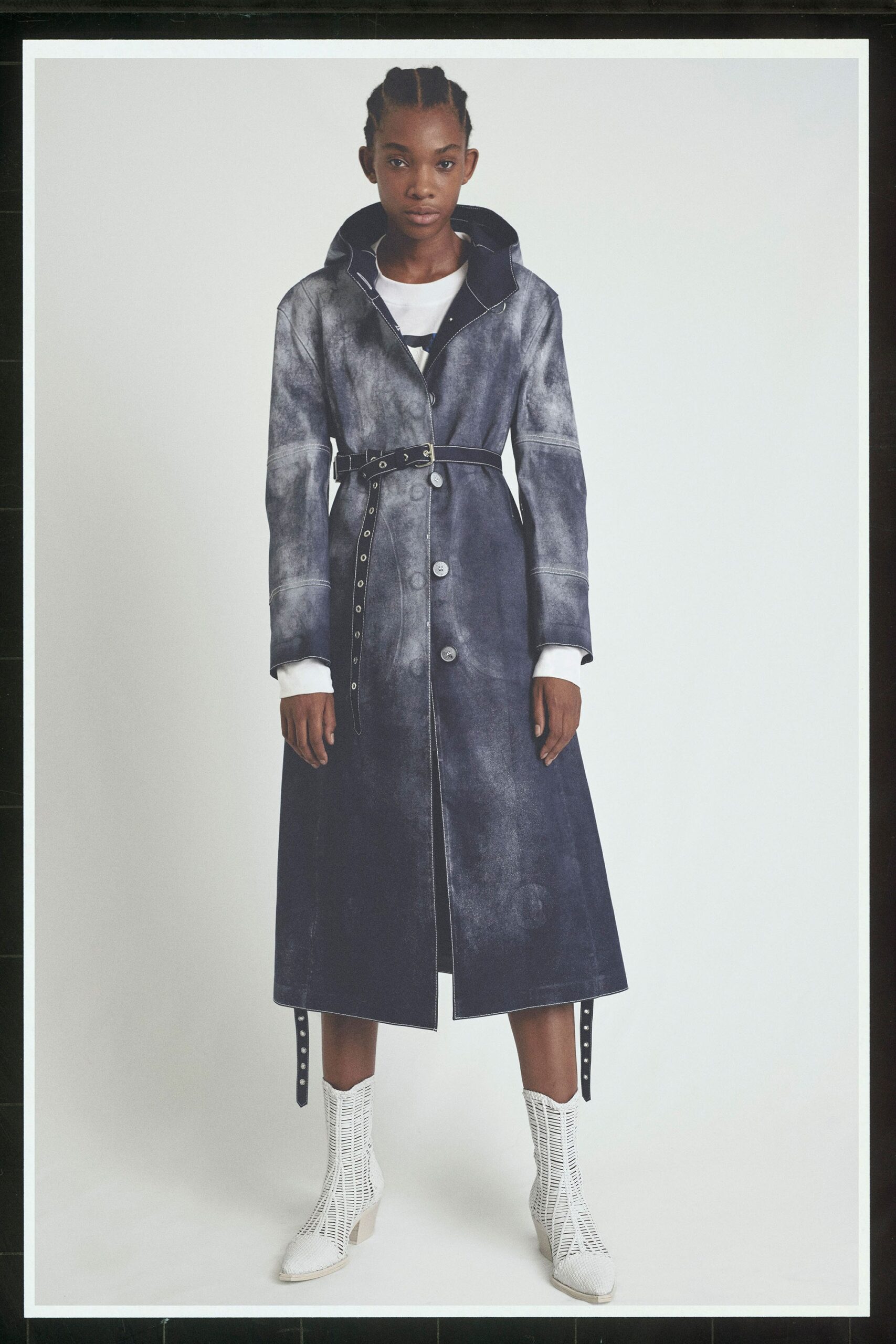 blue denim long-sleeve collared fitted belted buttoned coat
