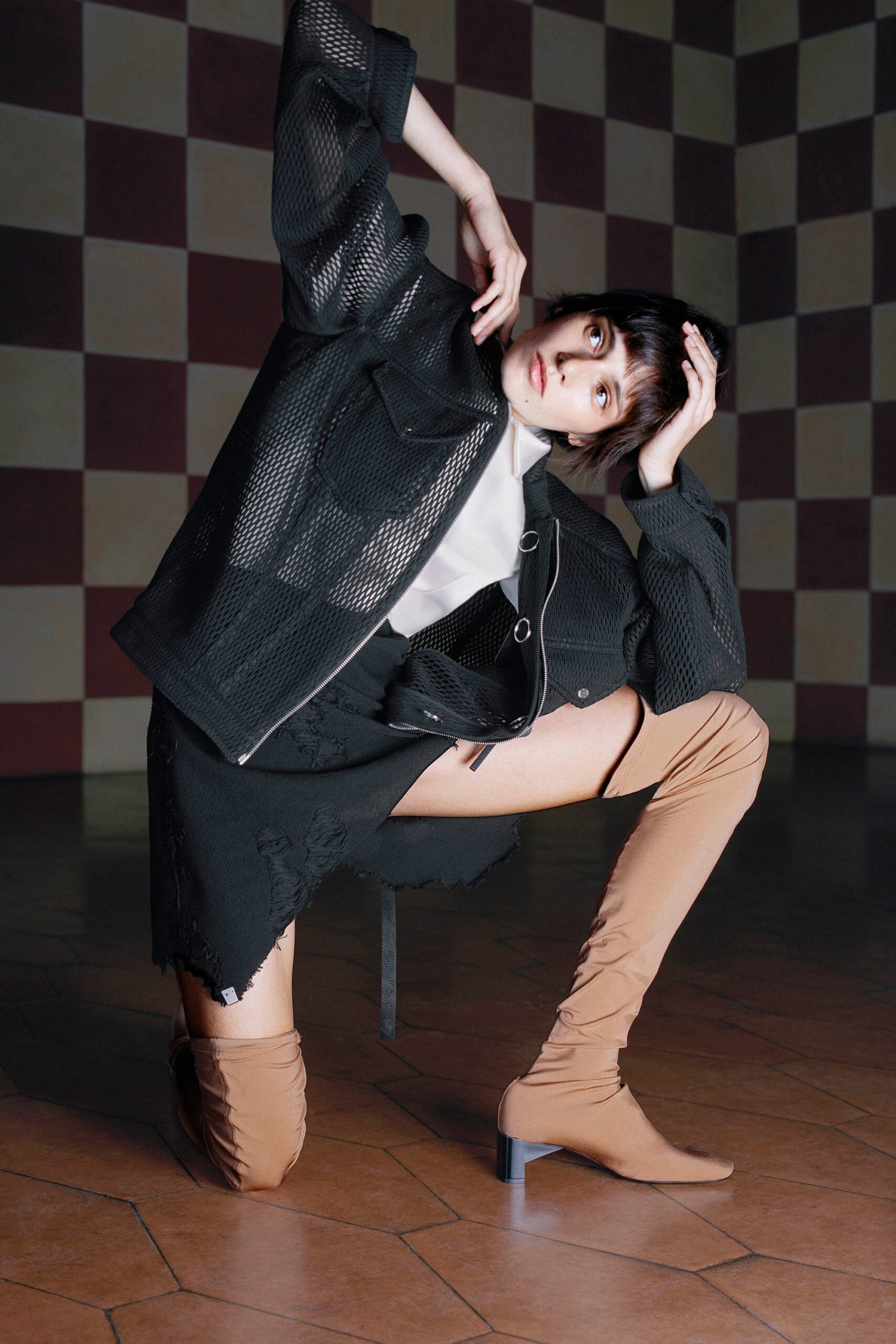 black mesh long-sleeve collared fitted zippered jacket