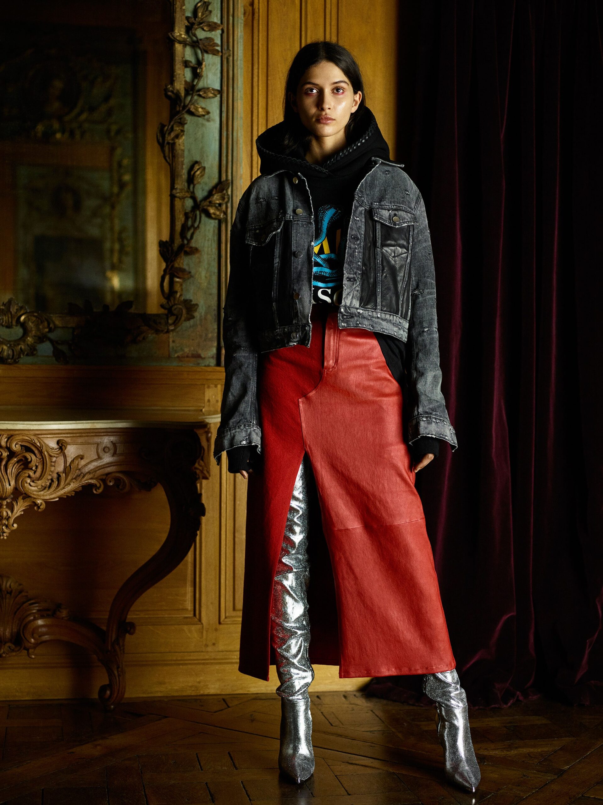 red leather slit fitted high-waisted straight-leg midi skirt