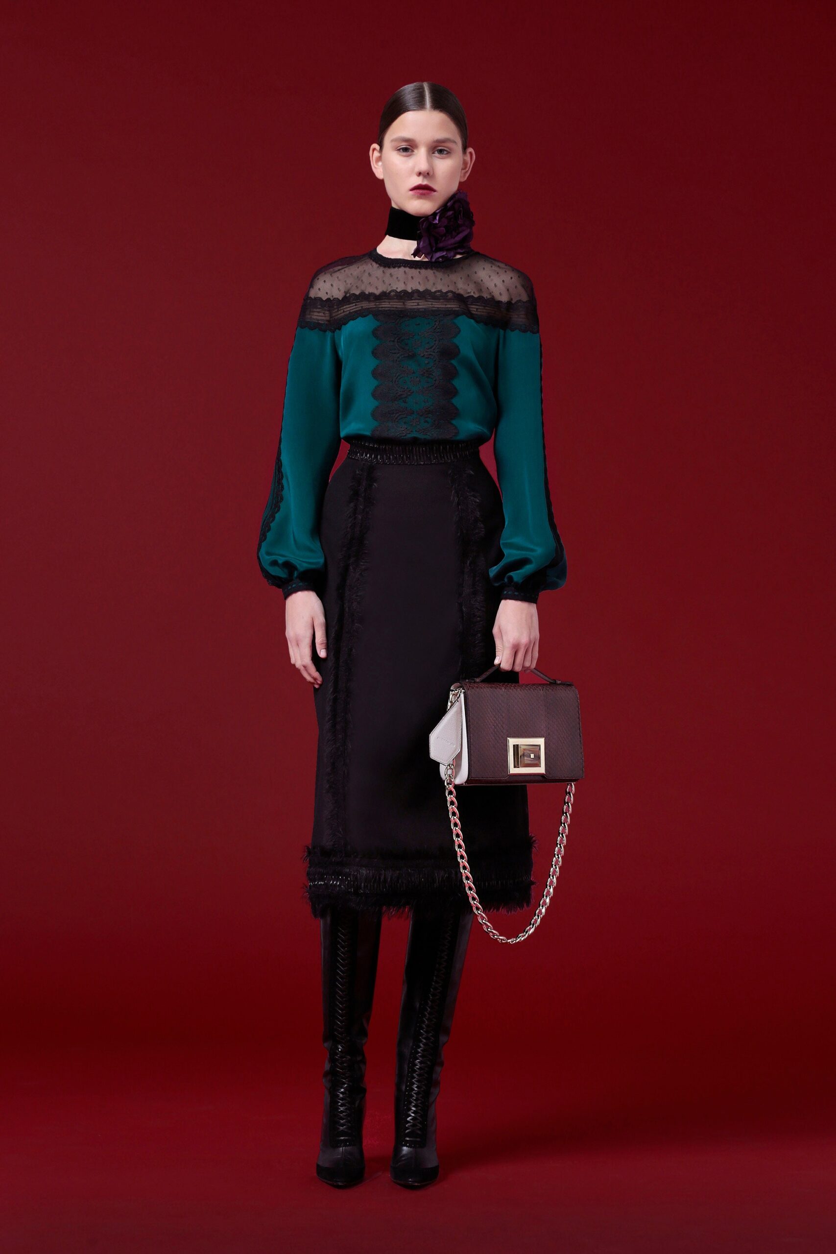 teal silk blouse black pencil skirt