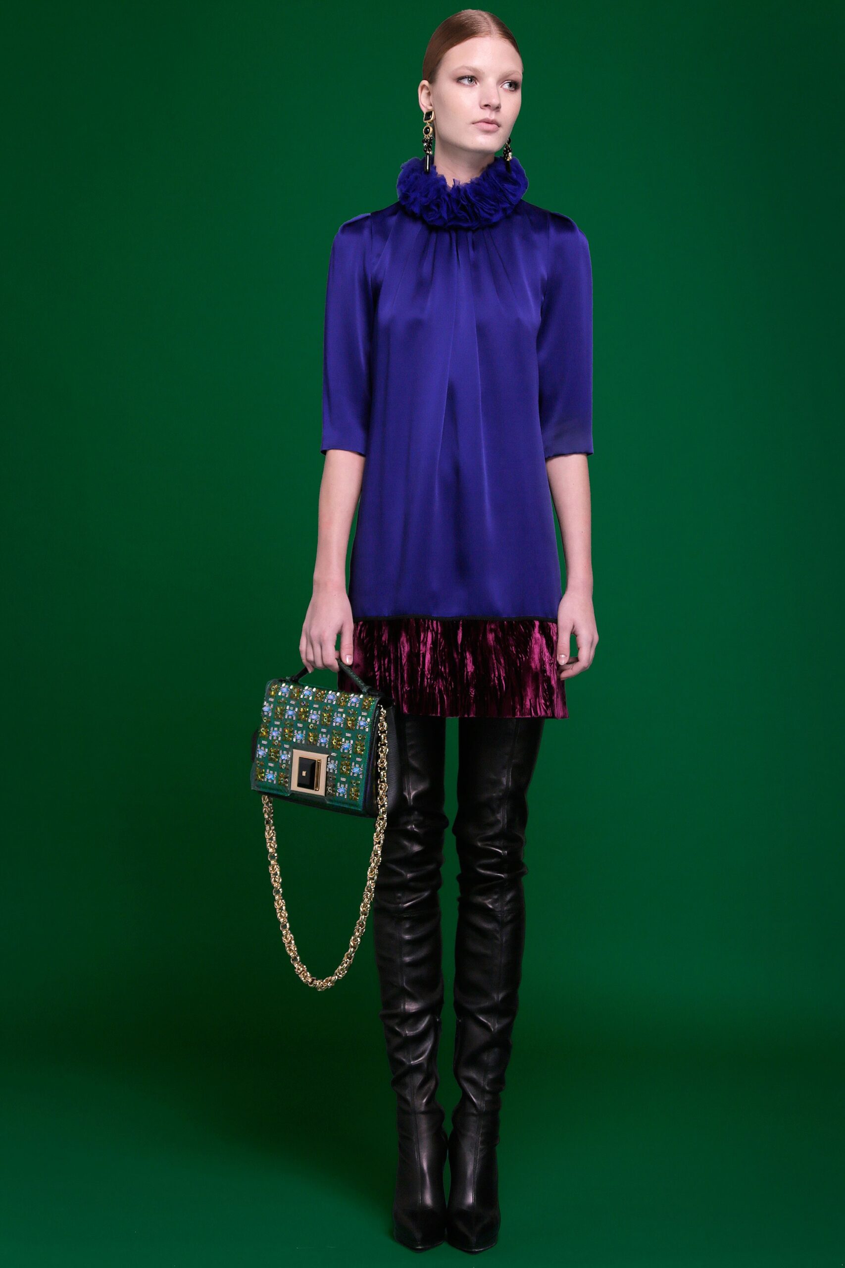 purple silk top with pleated skirt