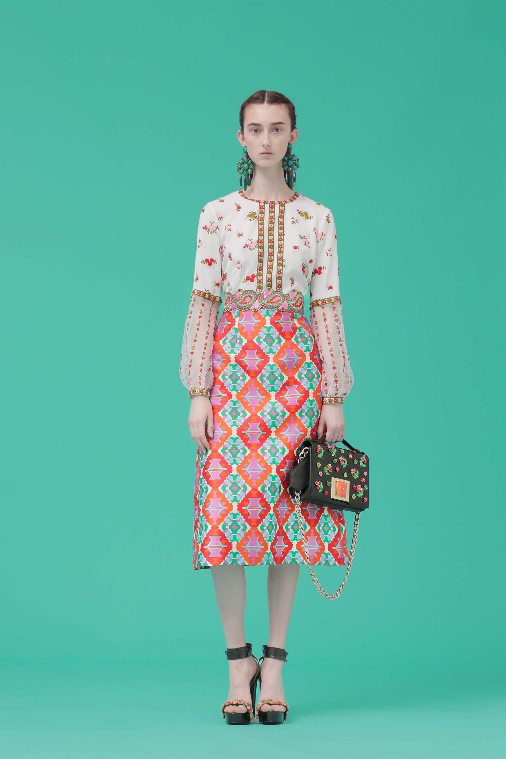 embroidered blouse and midi skirt