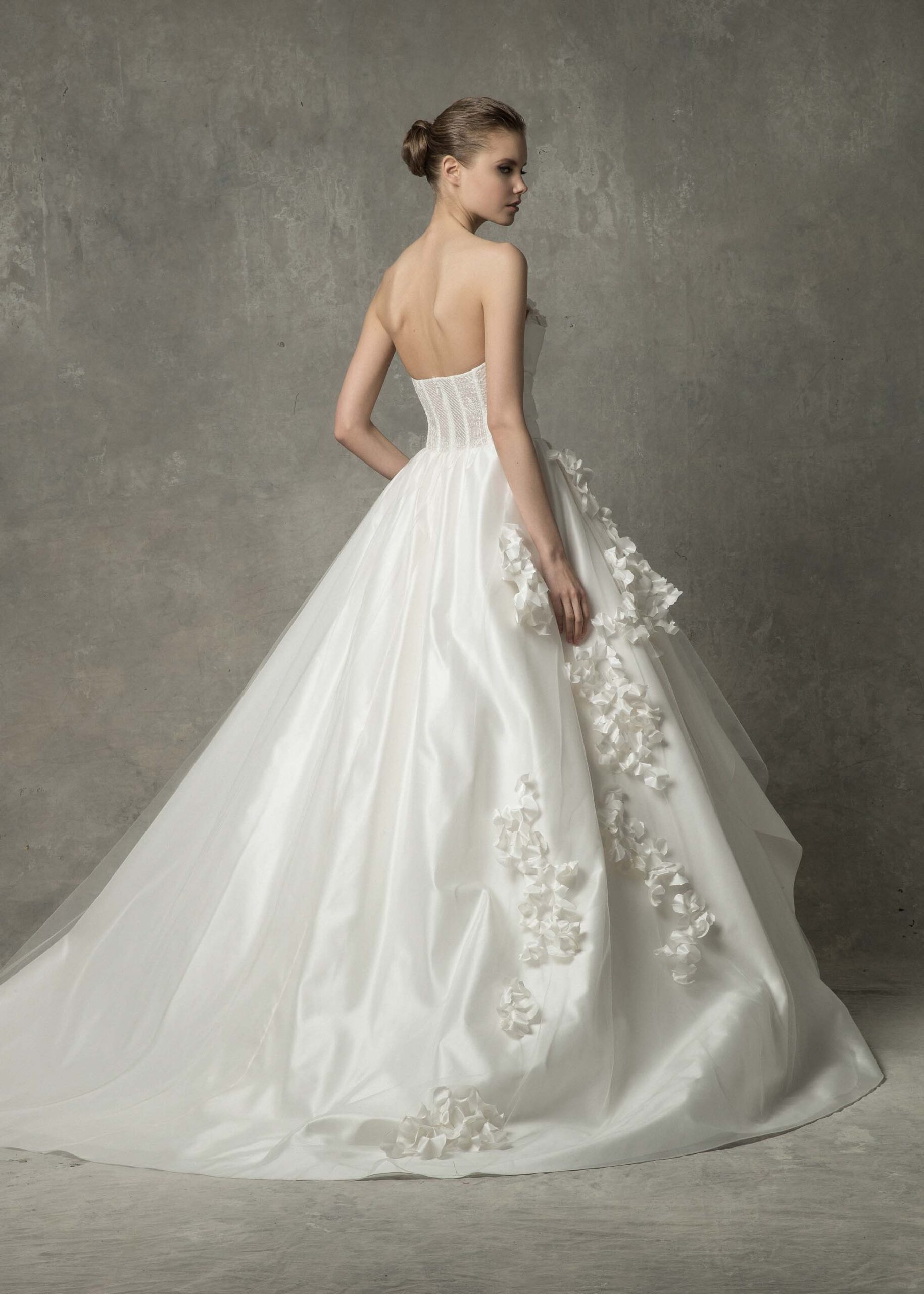 white silk strapless gown