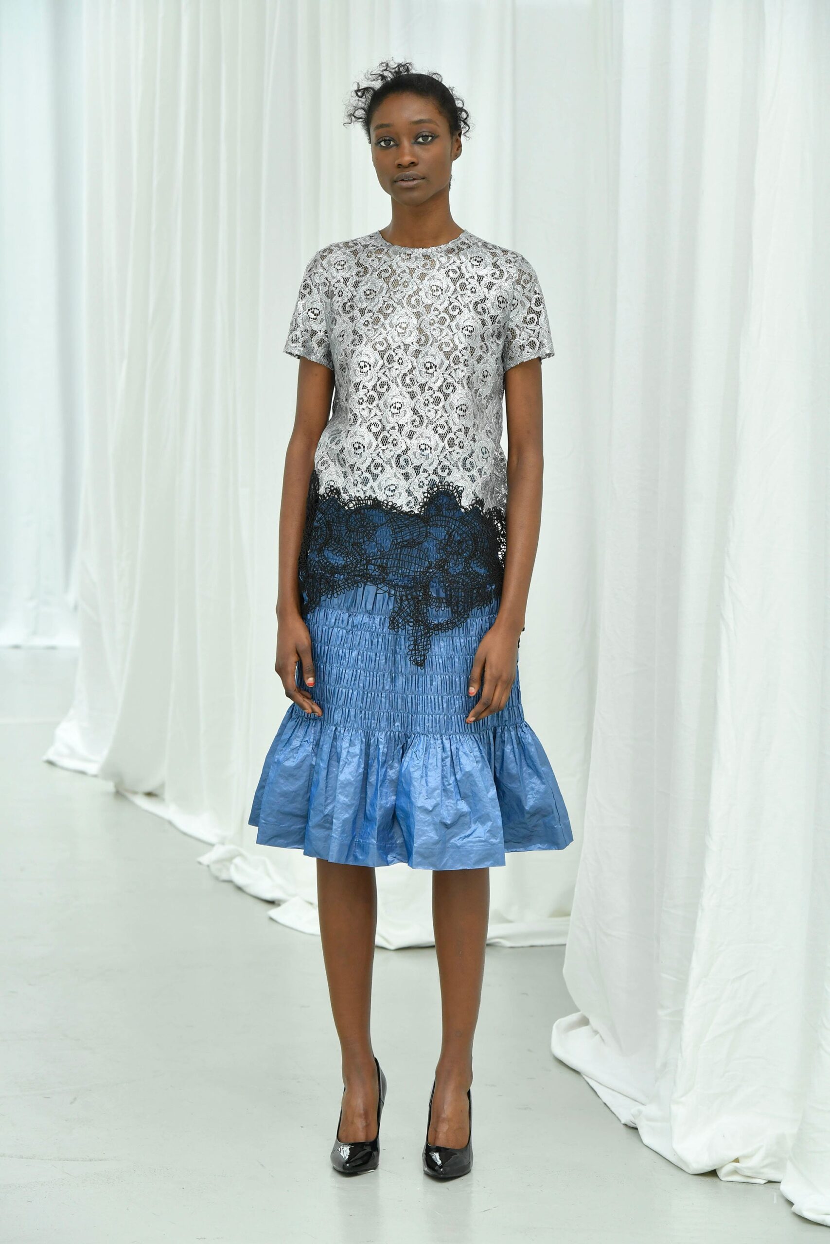 white lace top with blue skirt