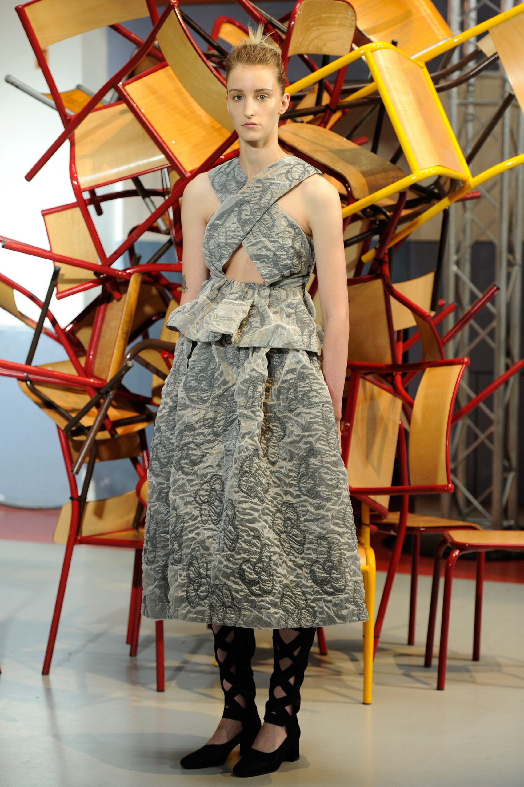 gray pleated midi dress