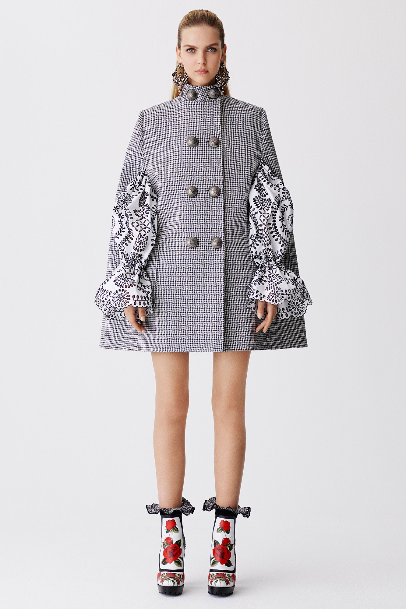 black and white checked coat with embellished boots