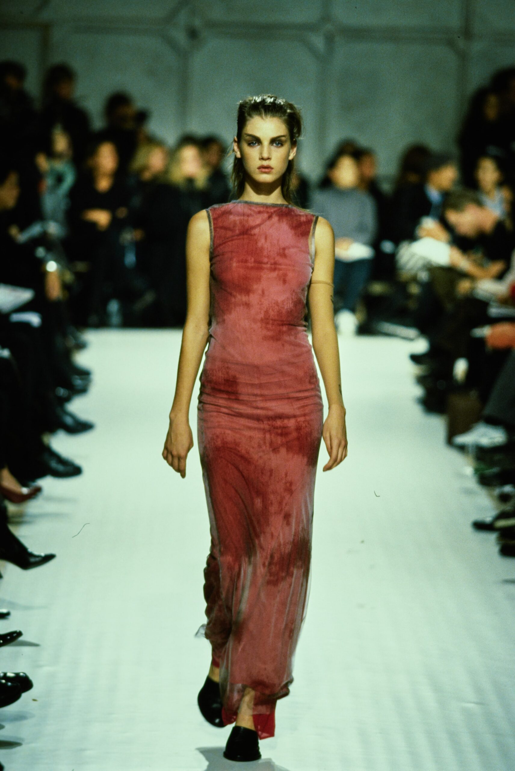 fitted red silk gown