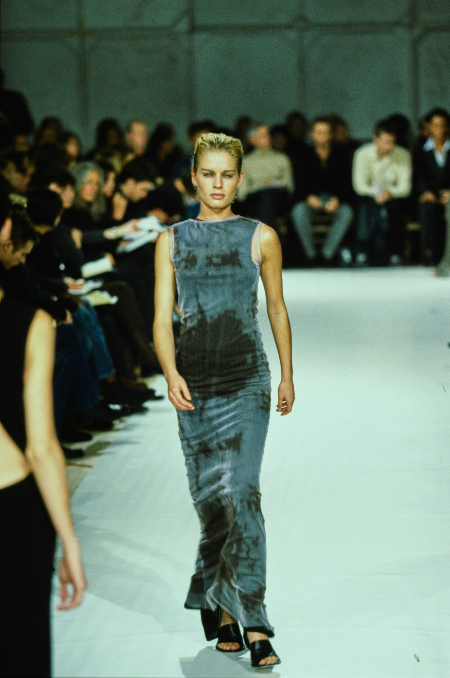 fitted gray silk sleeveless dress