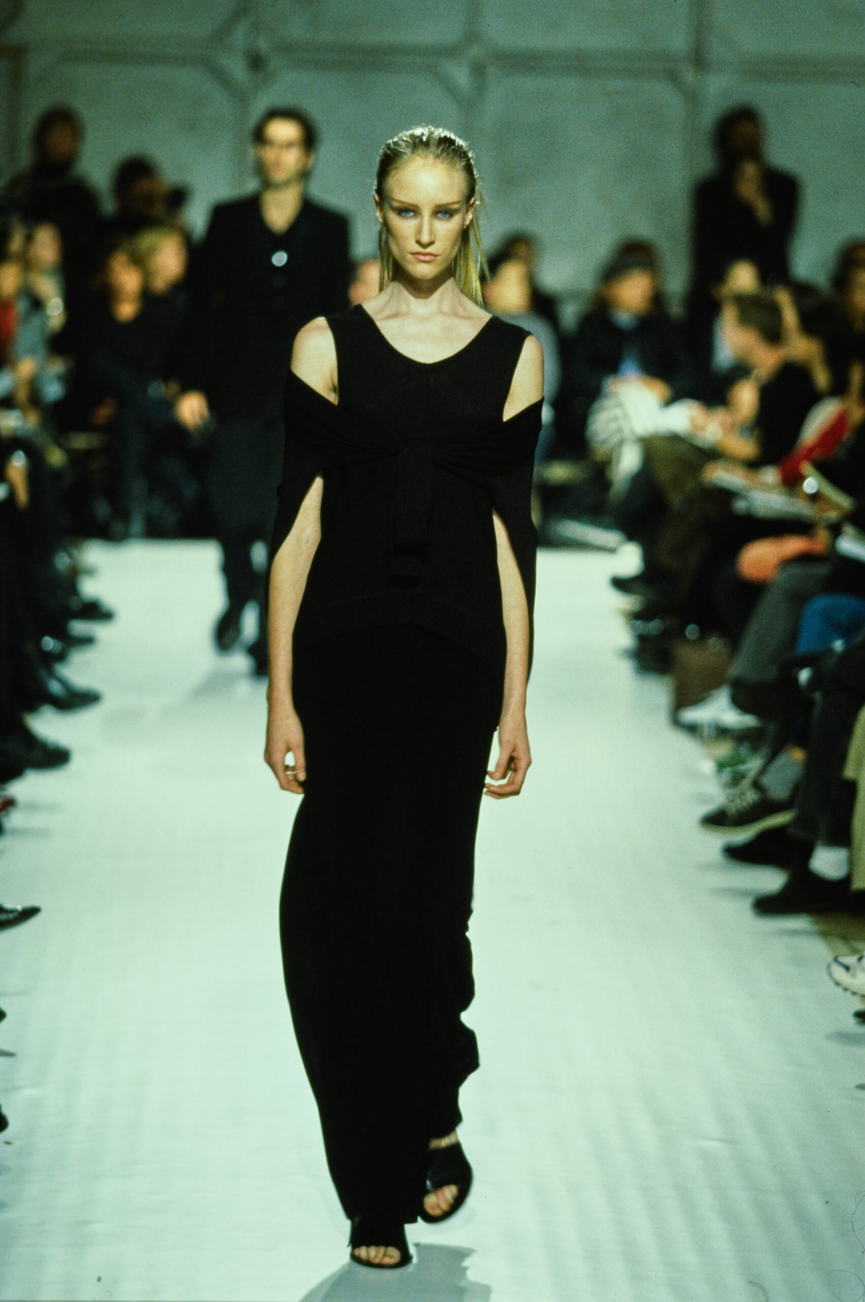 black silk off-shoulder dress