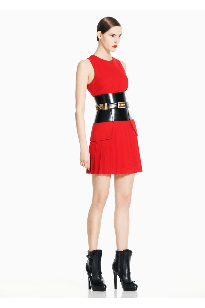 red fitted mini dress with belt