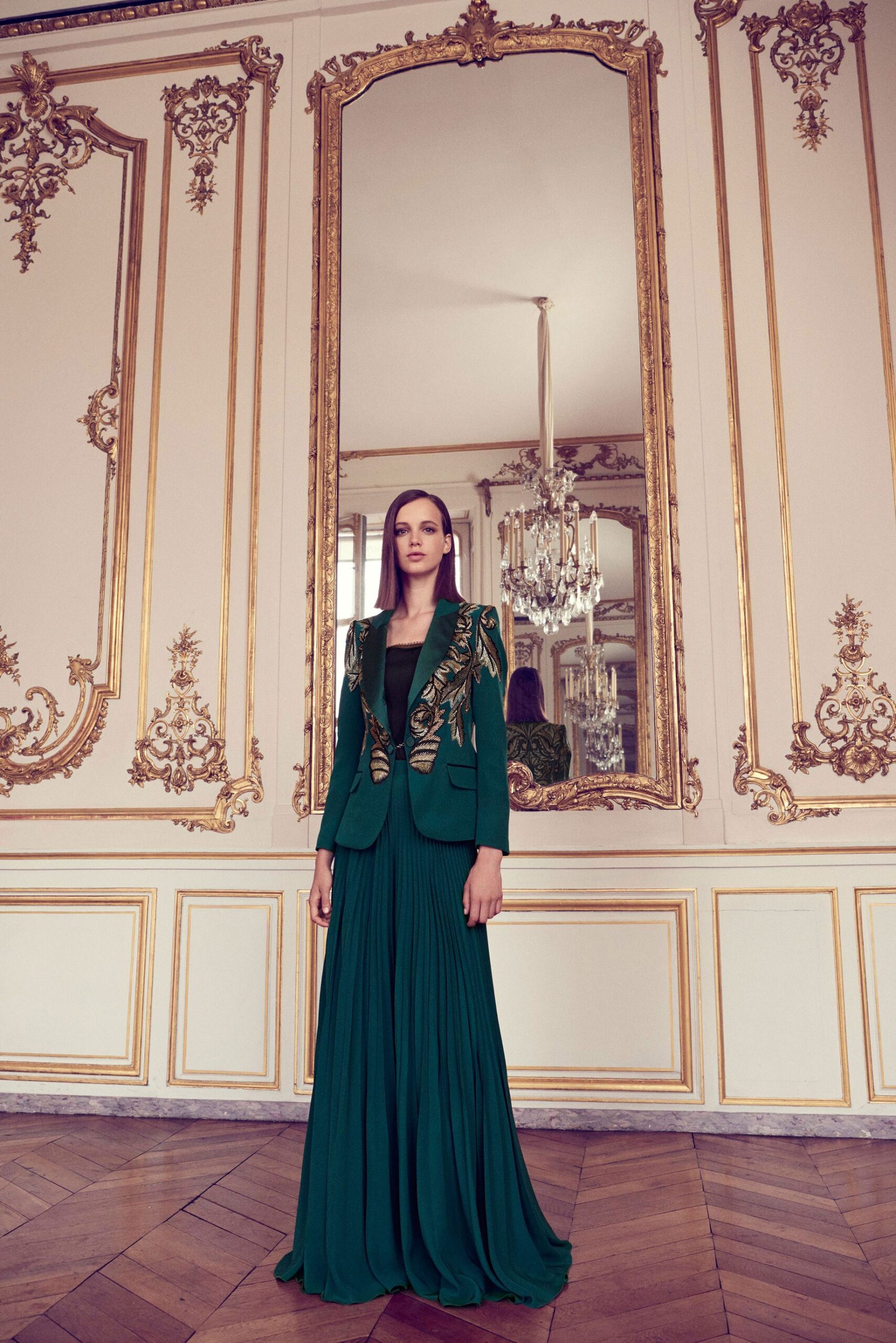 green silk long-sleeve v-neck fitted pleated embroidered gown