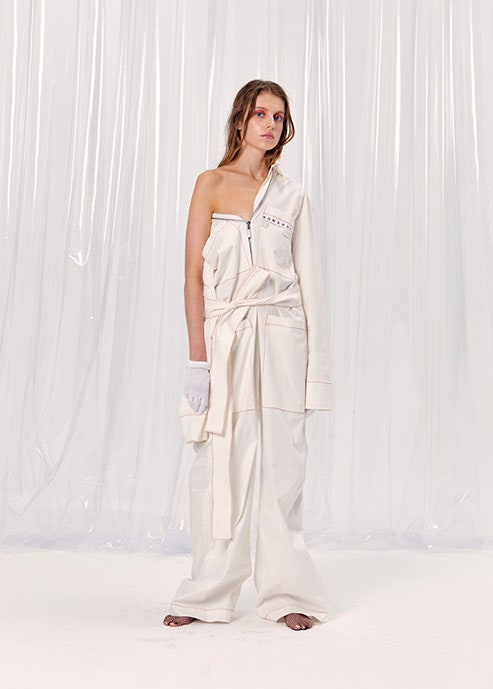 white asymmetric belted dress