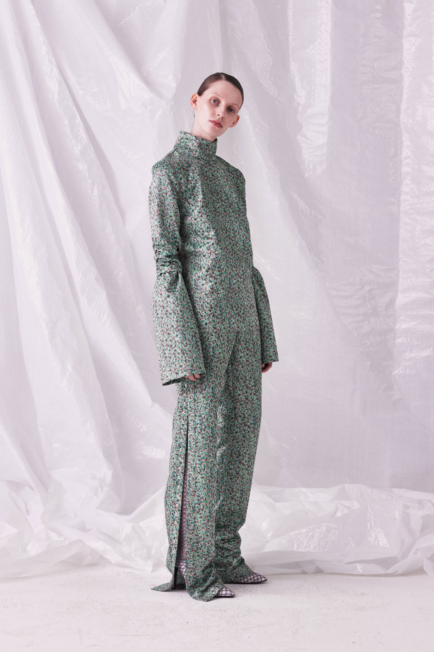 fitted green silk midi dress
