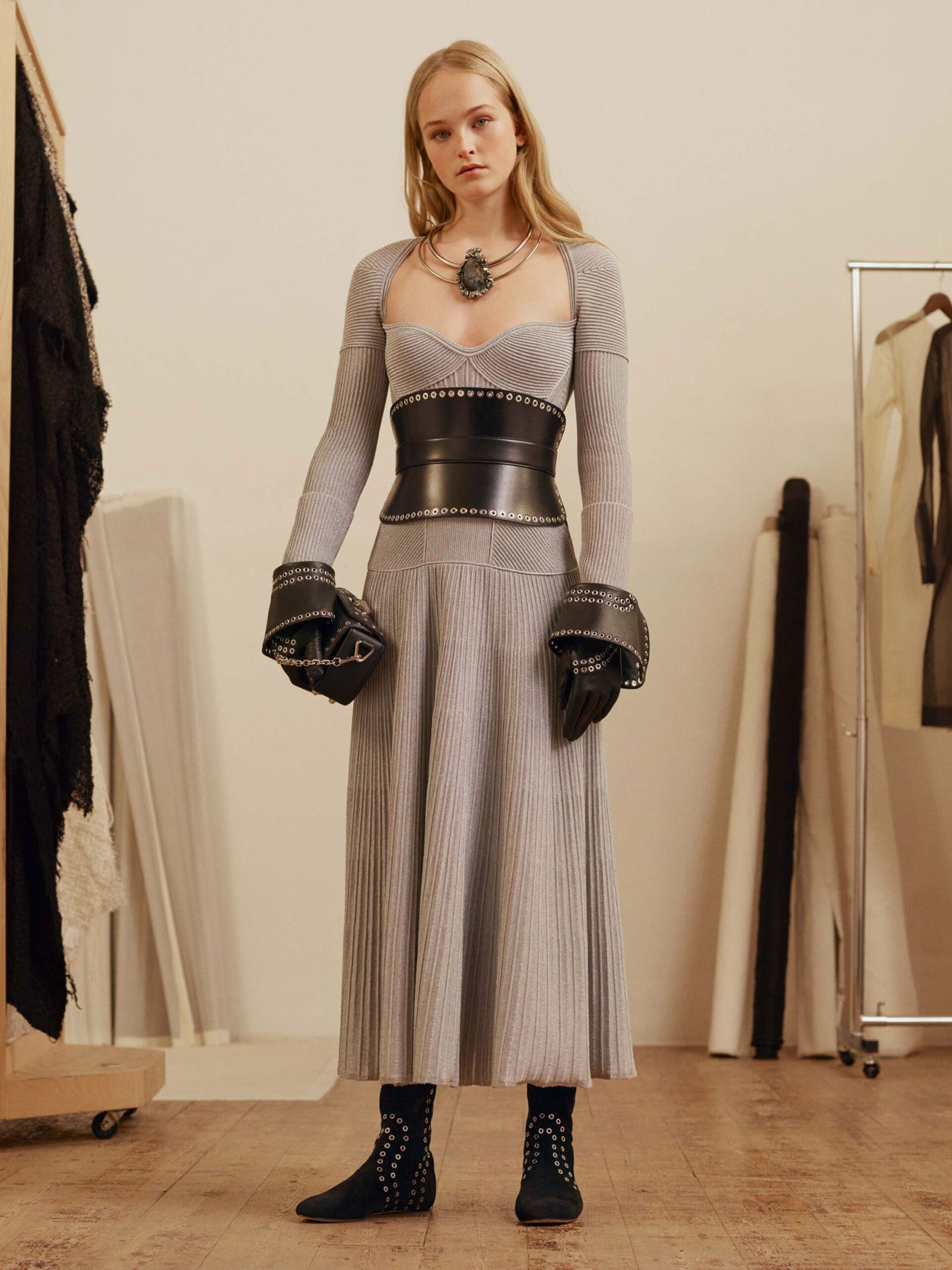 gray knit long-sleeve v-neck fitted pleated midi dress