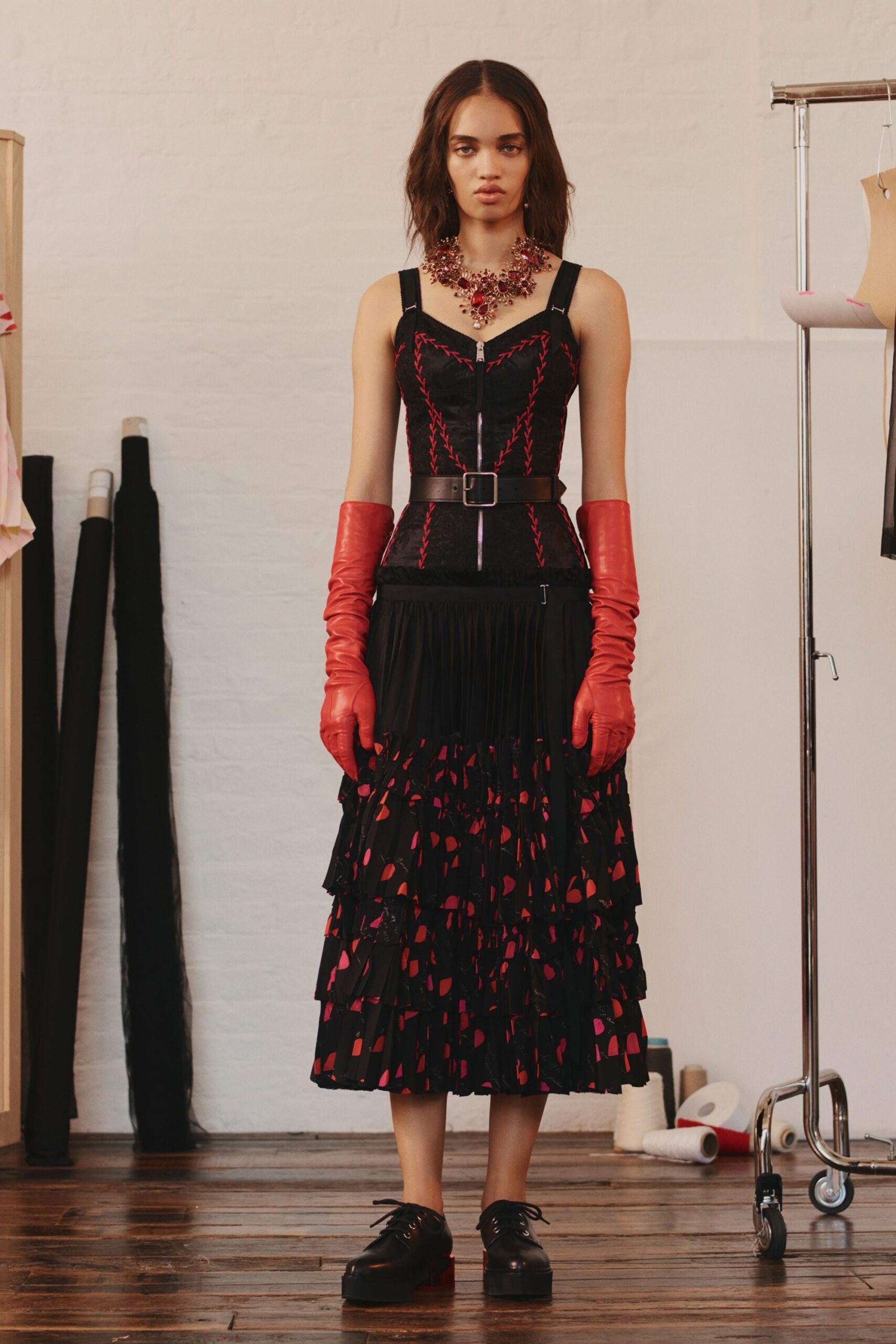 black and red pleated midi dress