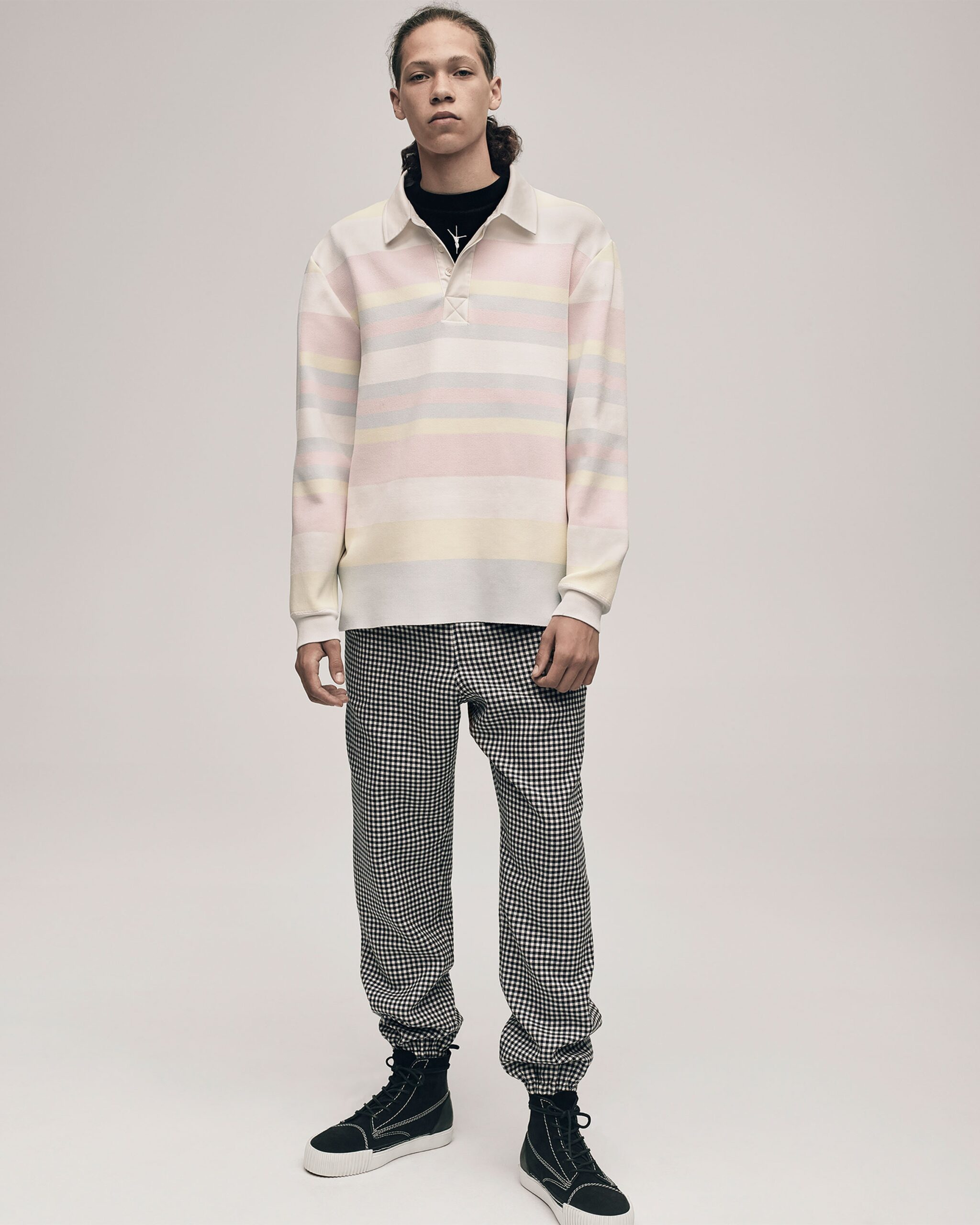 relaxed striped top with checked pants