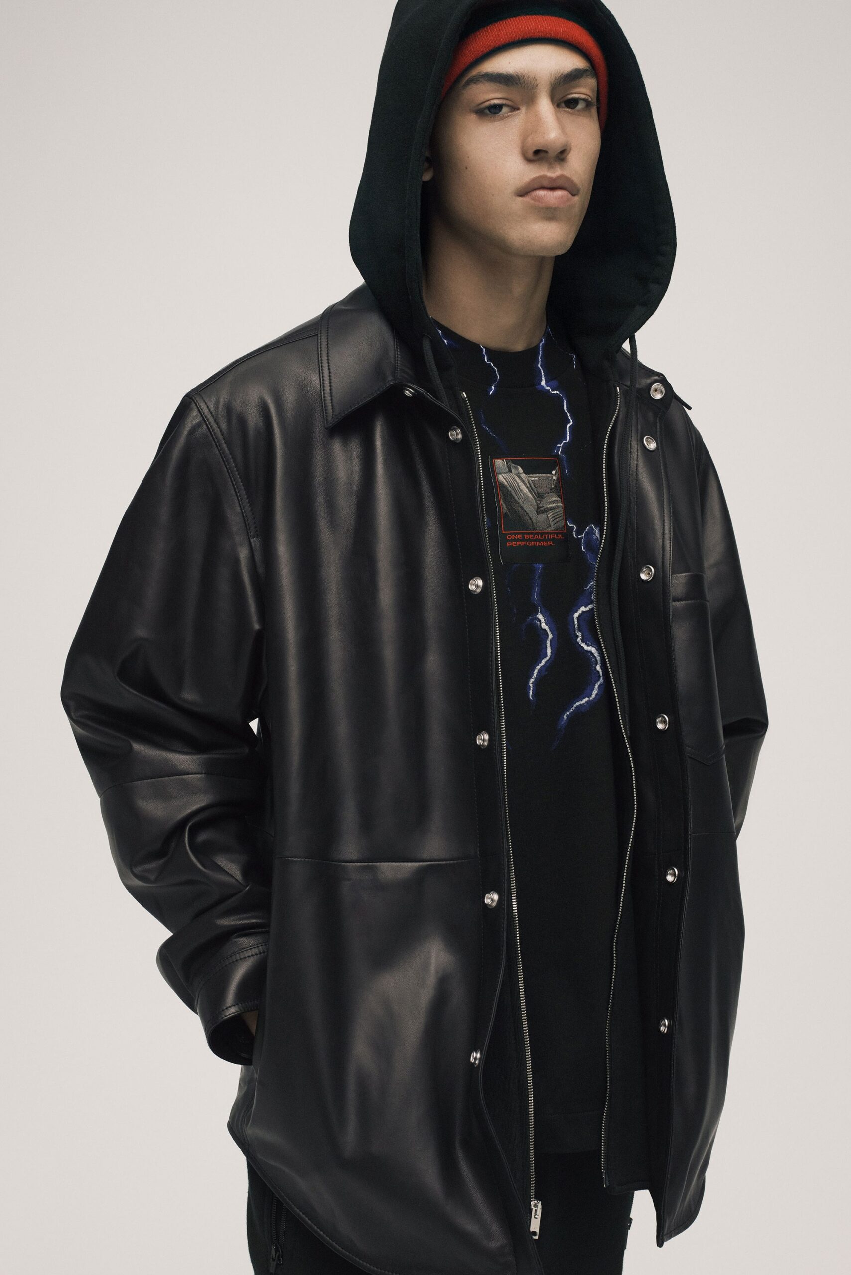 black leather jacket with hoodie