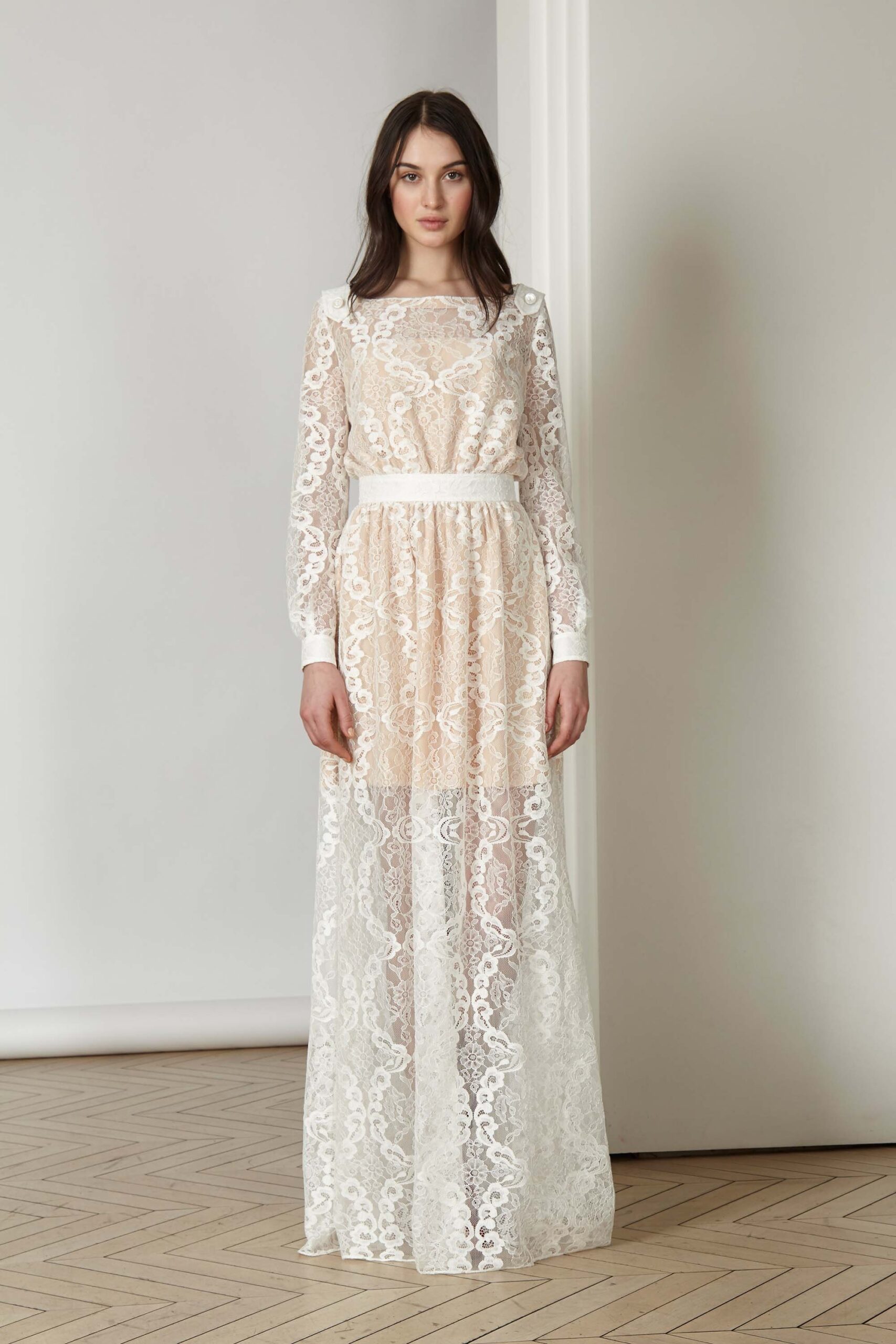 white lace long-sleeve gown