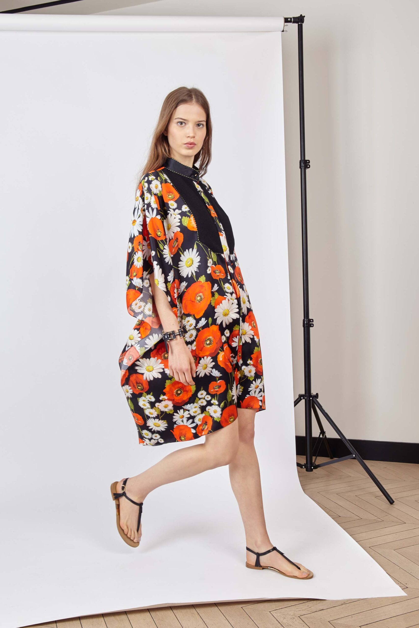 floral black short dress with sandals