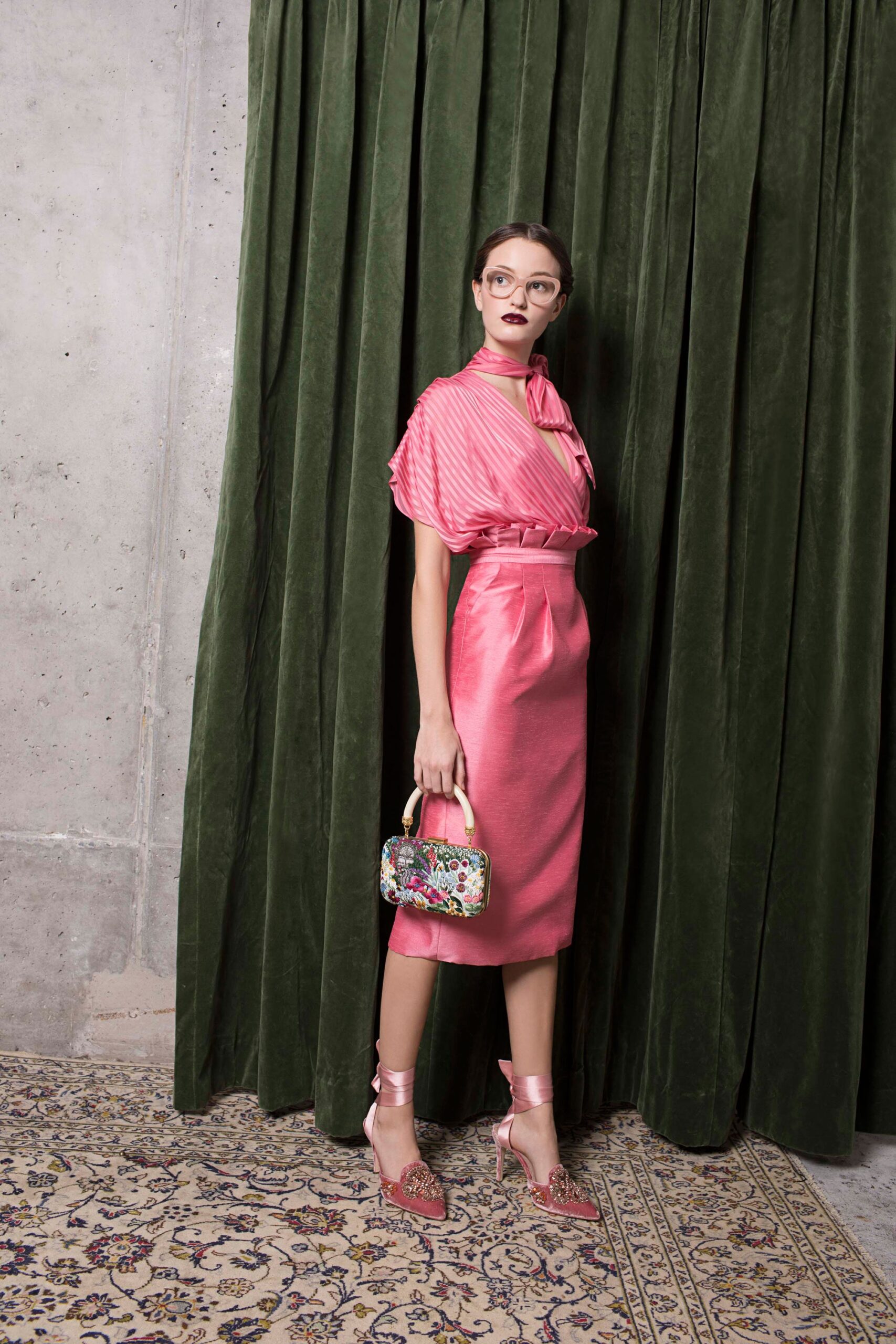 pink silk pleated midi dress