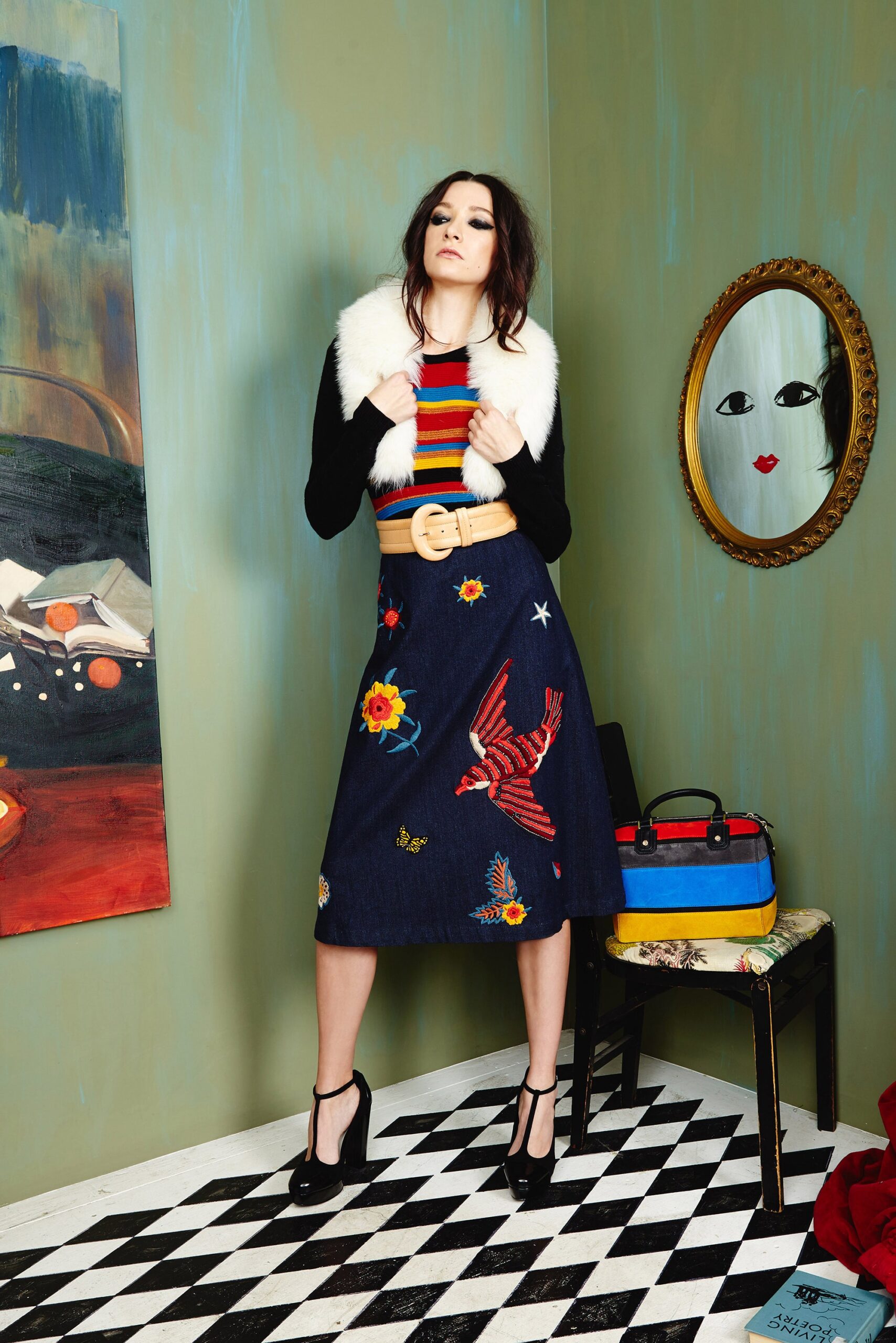 striped sleeveless top with embroidered denim skirt