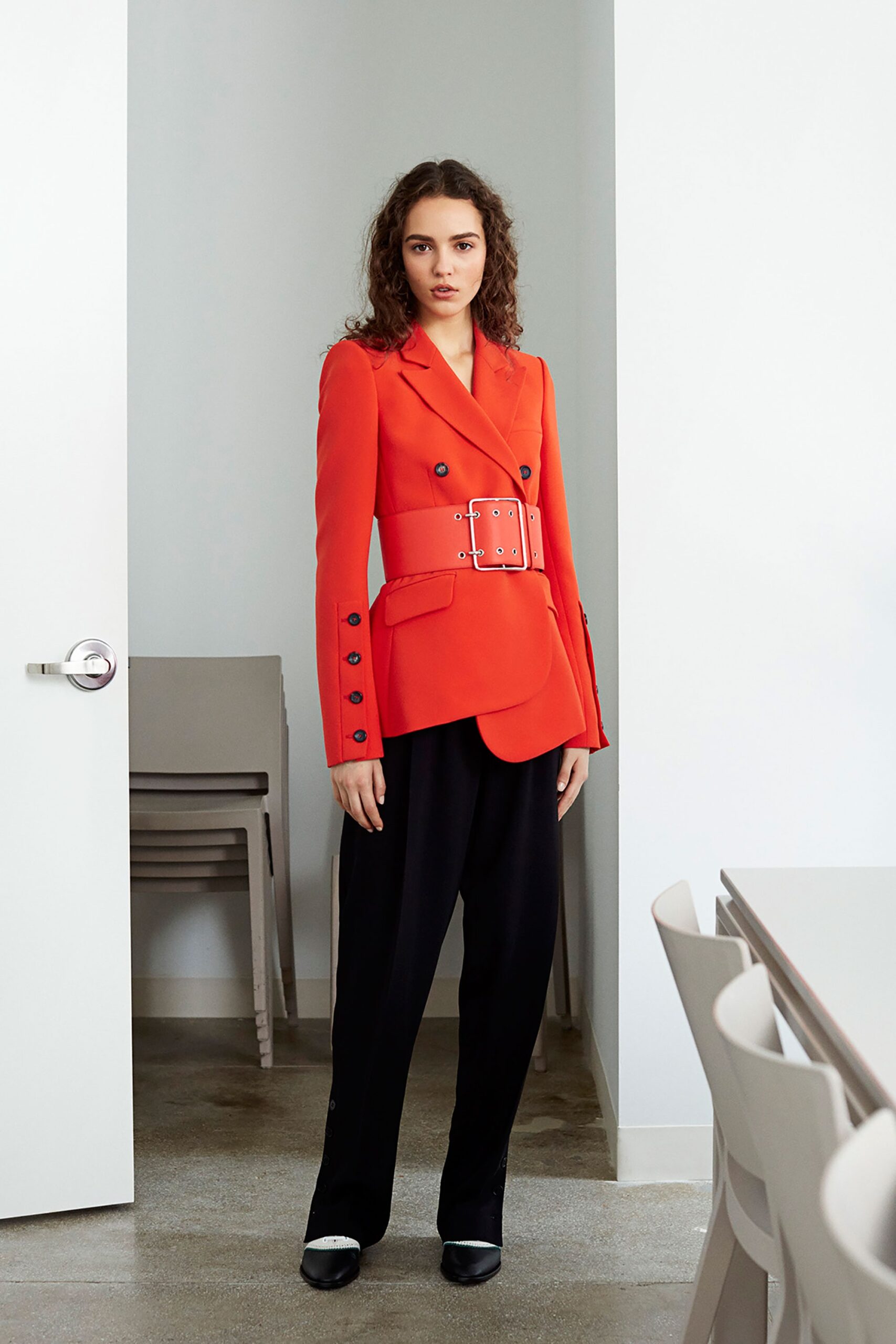 red long-sleeve collared tailored belted blazer