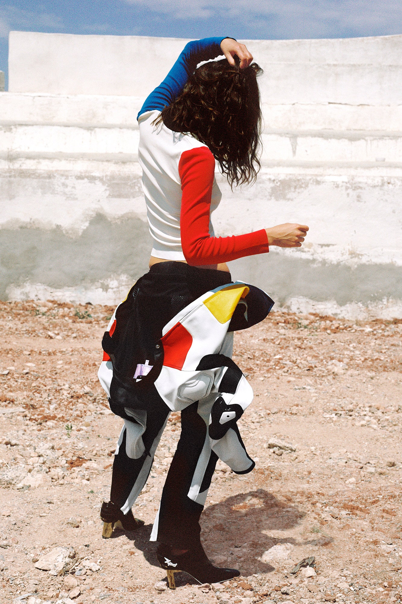 red long-sleeve scoop-neck fitted color-blocked top