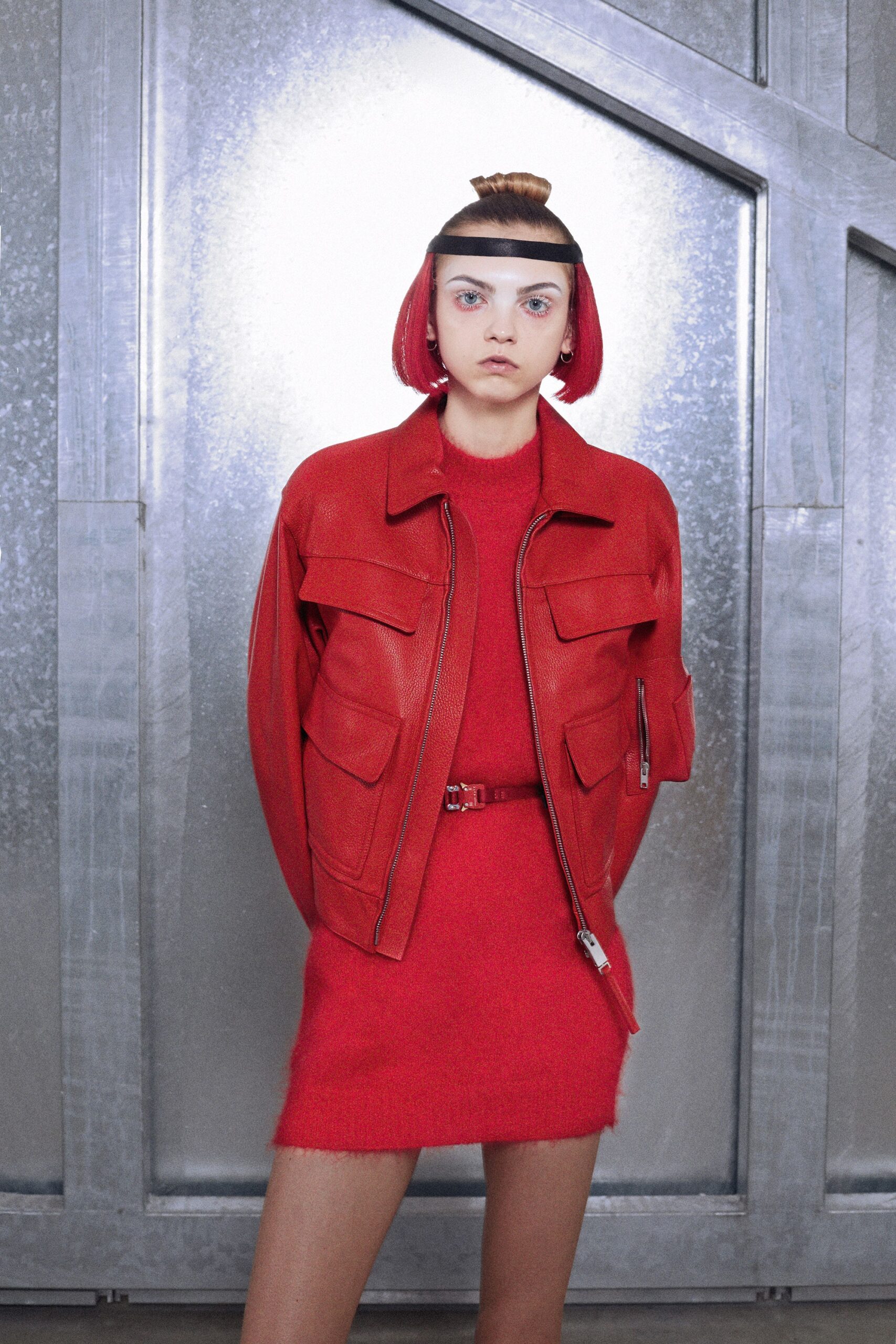 red leather jacket and dress