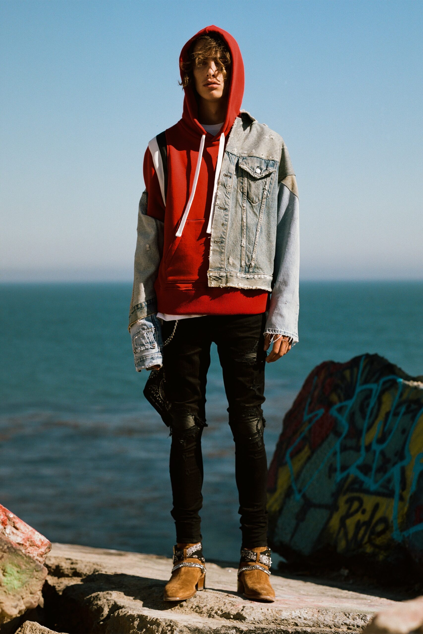 red hoodie with denim jacket