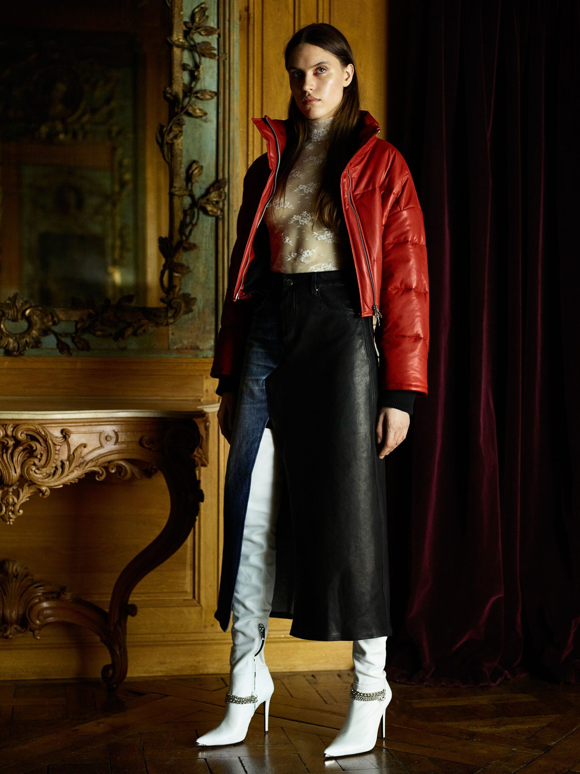 red jersey long-sleeve collared fitted zippered jacket
