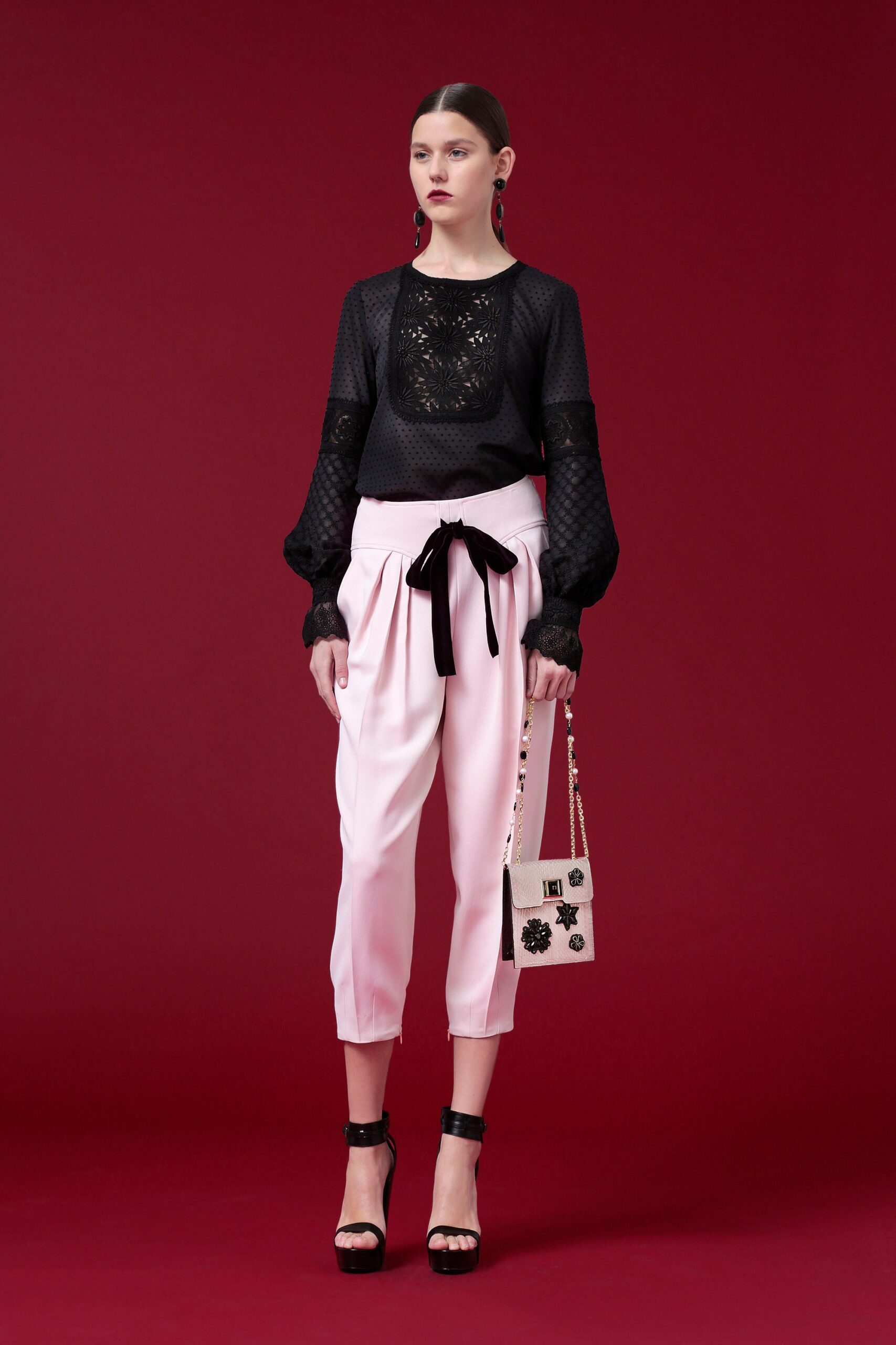 black lace top with pink pants