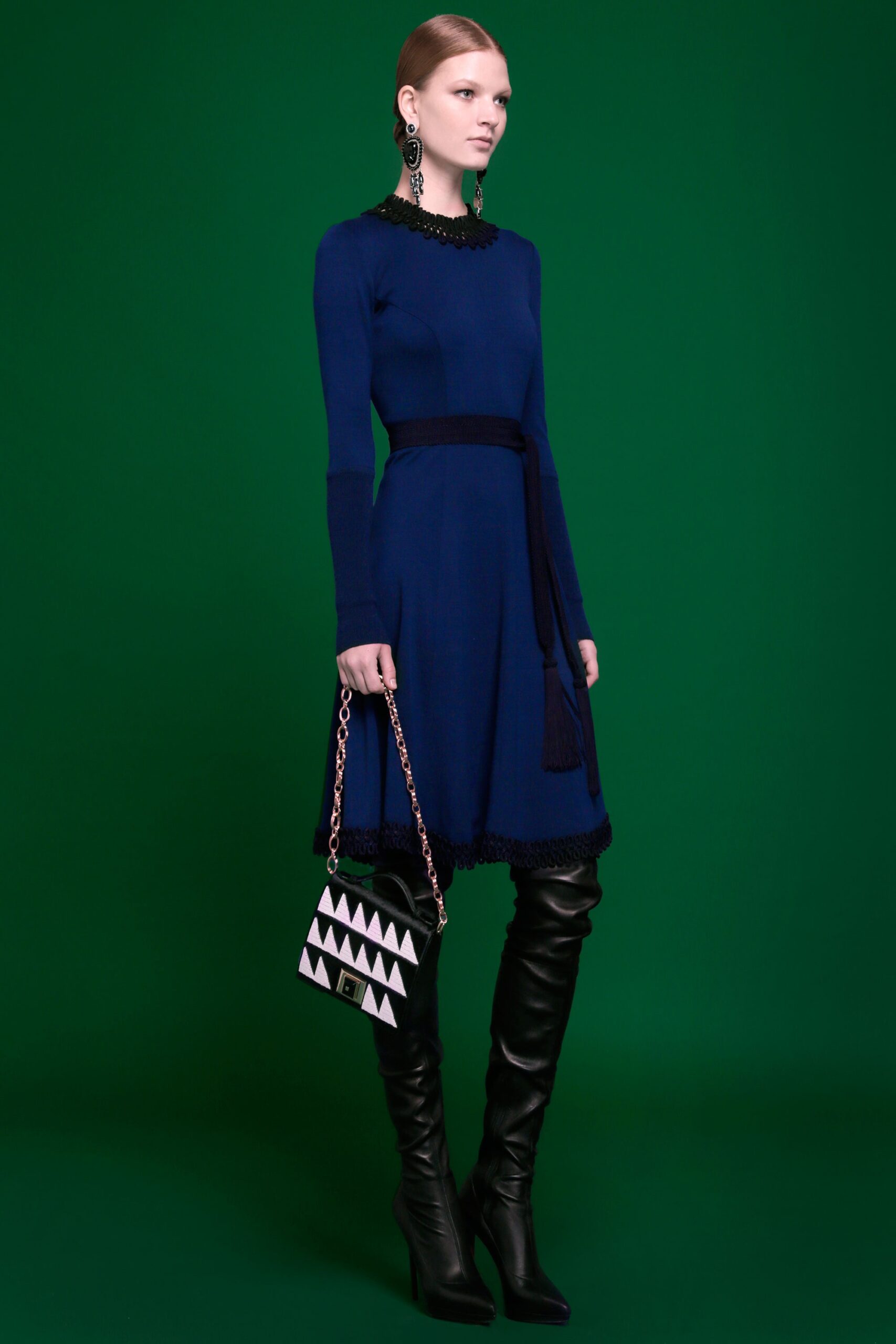 blue fitted long-sleeve dress