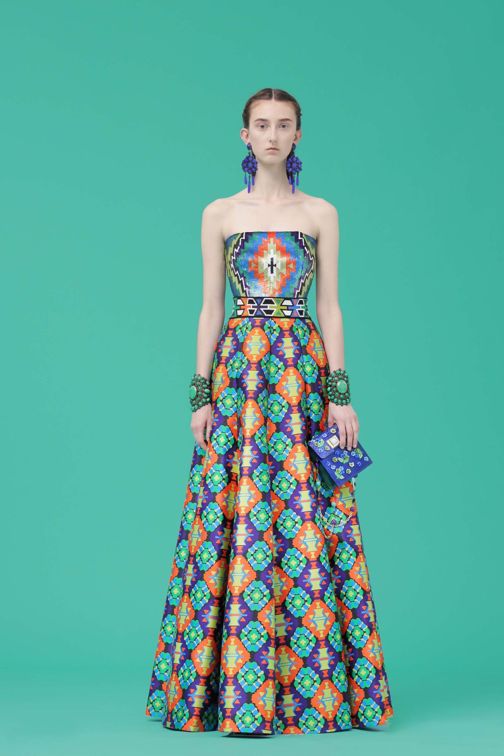 colorful printed strapless gown