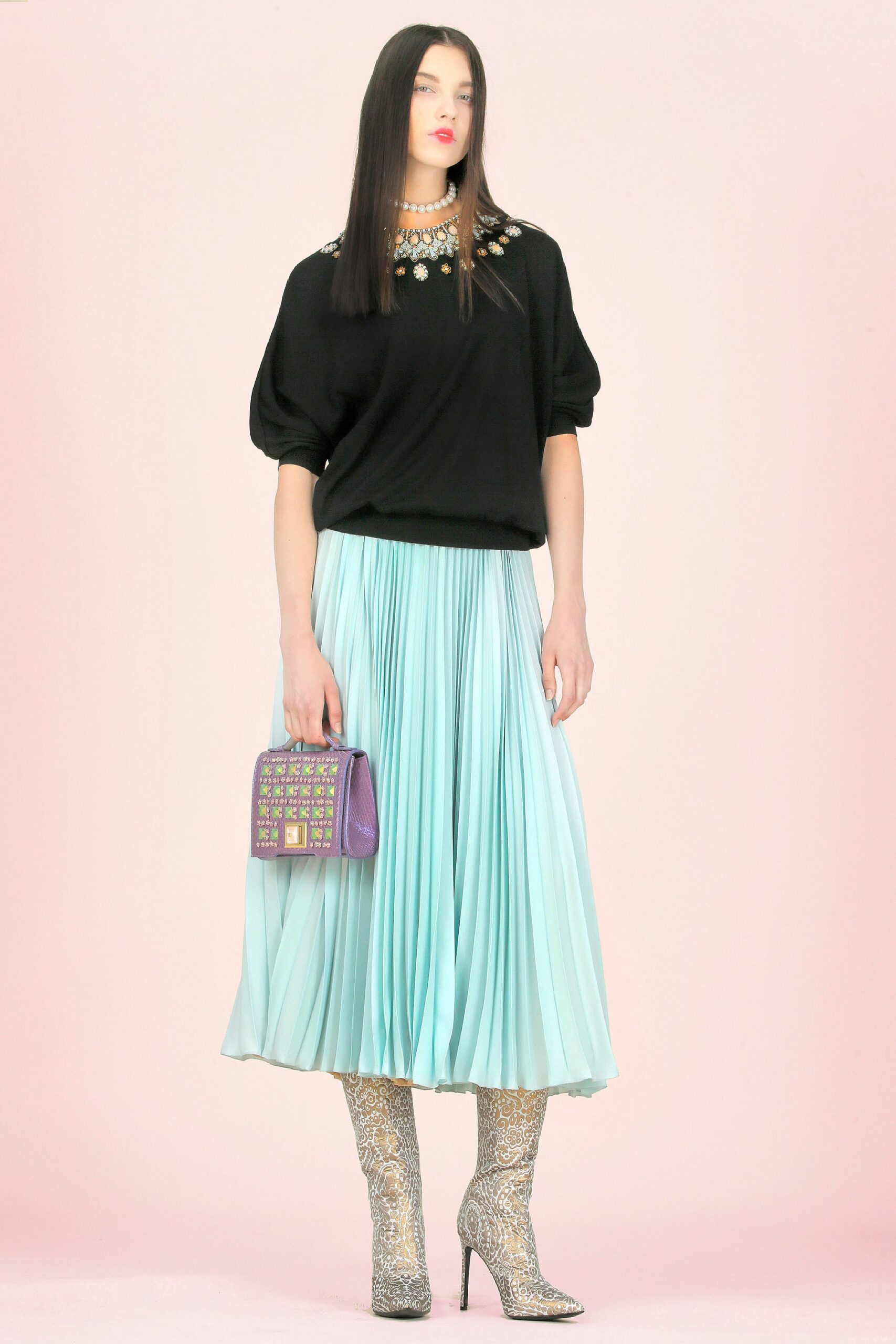 teal fitted pleated midi skirt