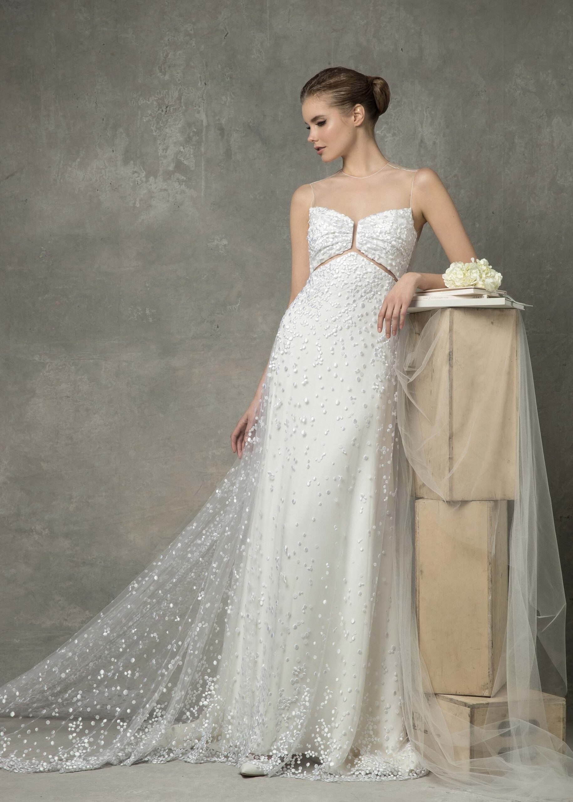 white embroidered flowing gown