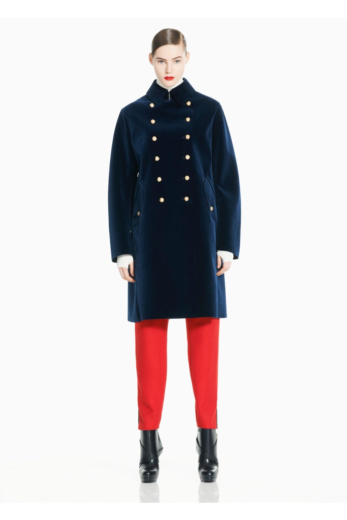 blue wool coat with red pants