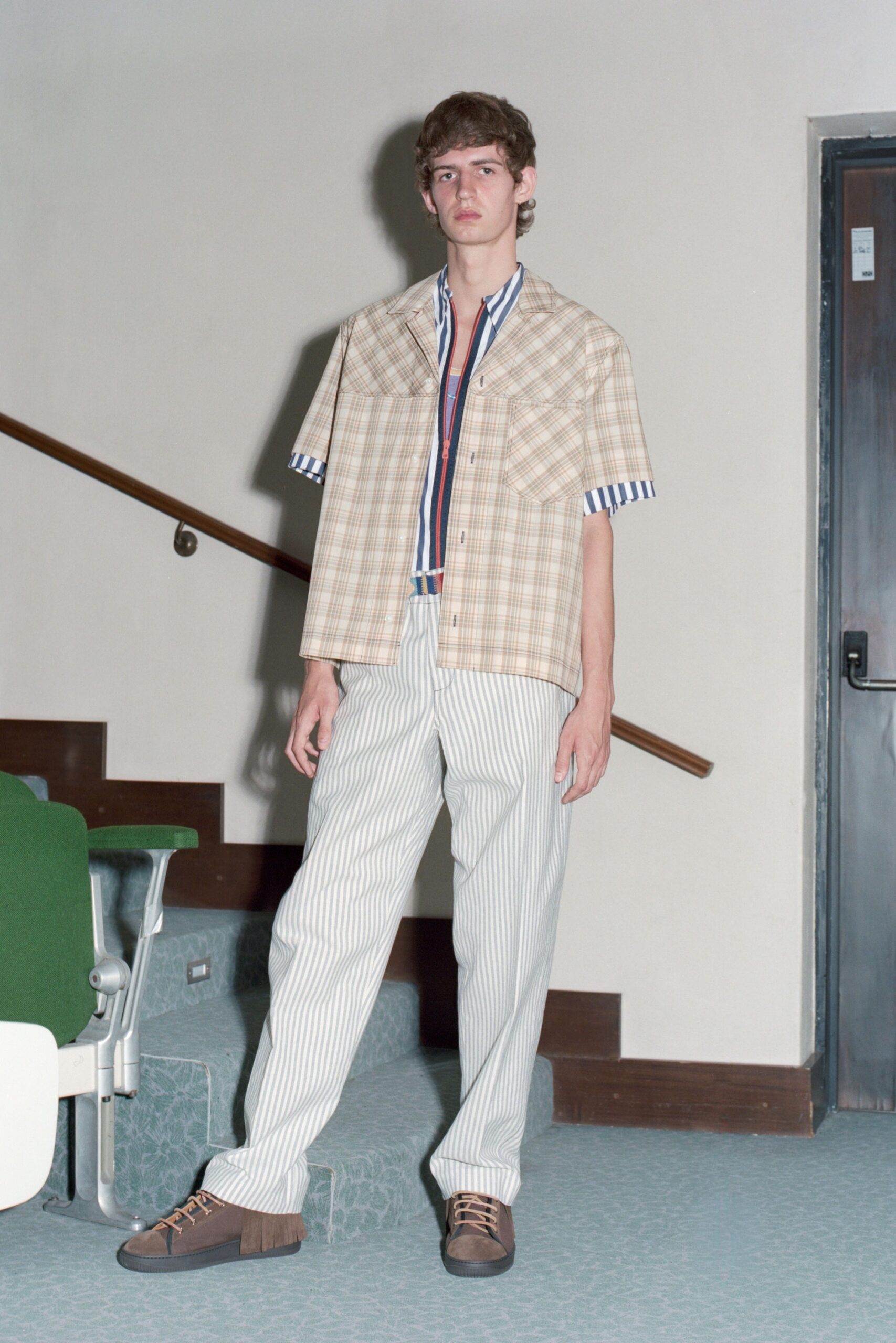 beige and blue checked shirt