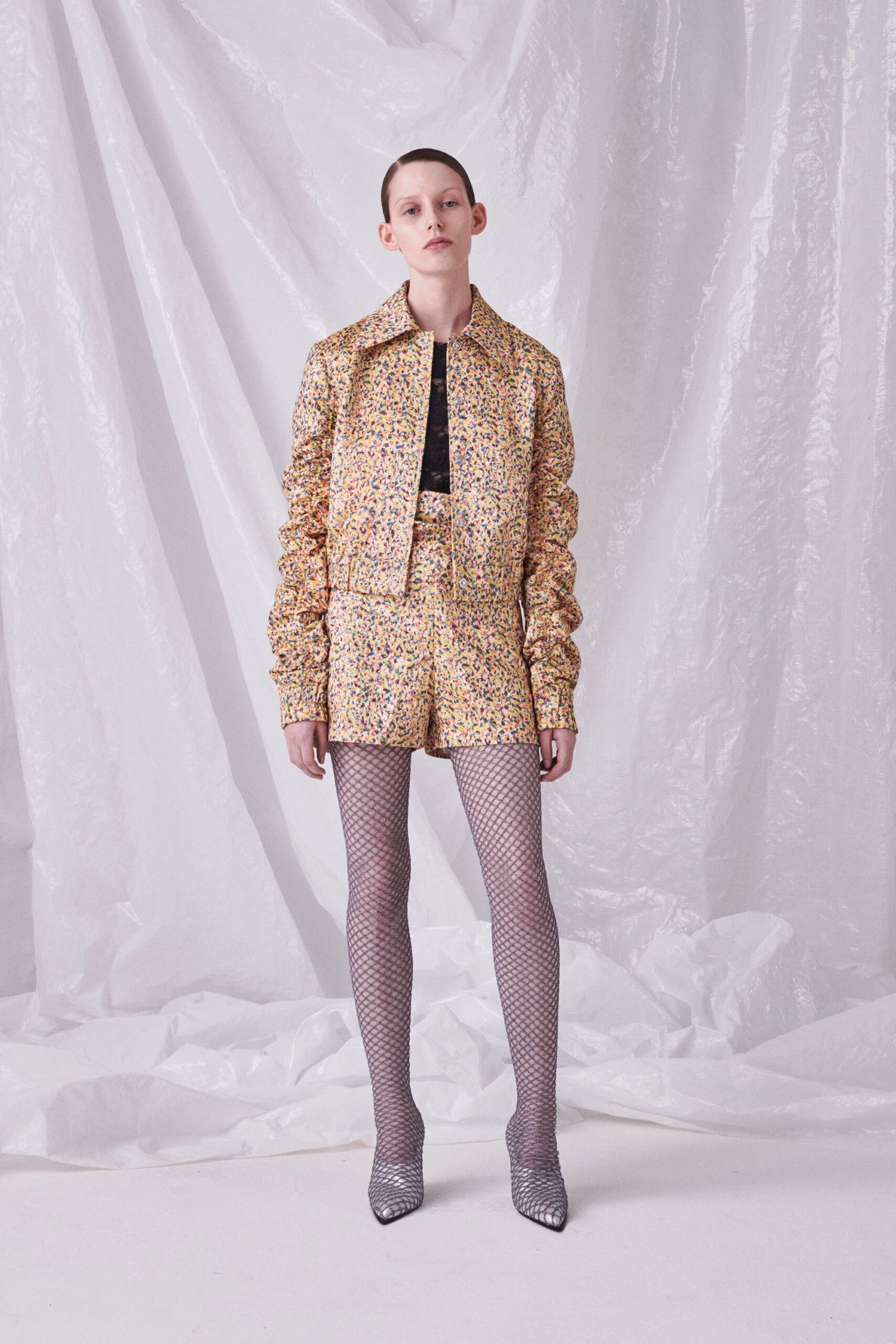 yellow cotton long-sleeve collared relaxed floral buttoned jacket