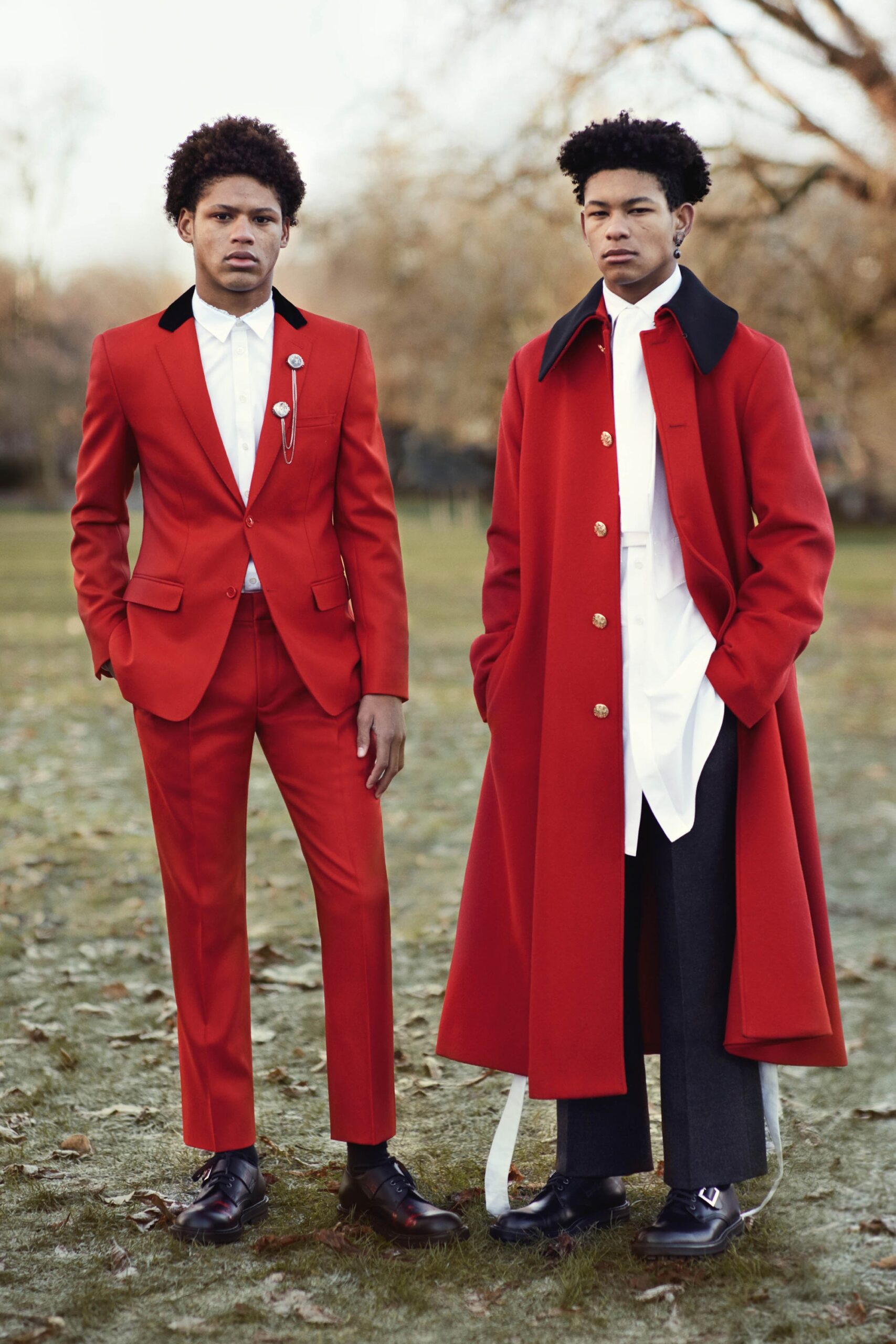 red long-sleeve collared structured buttoned coat