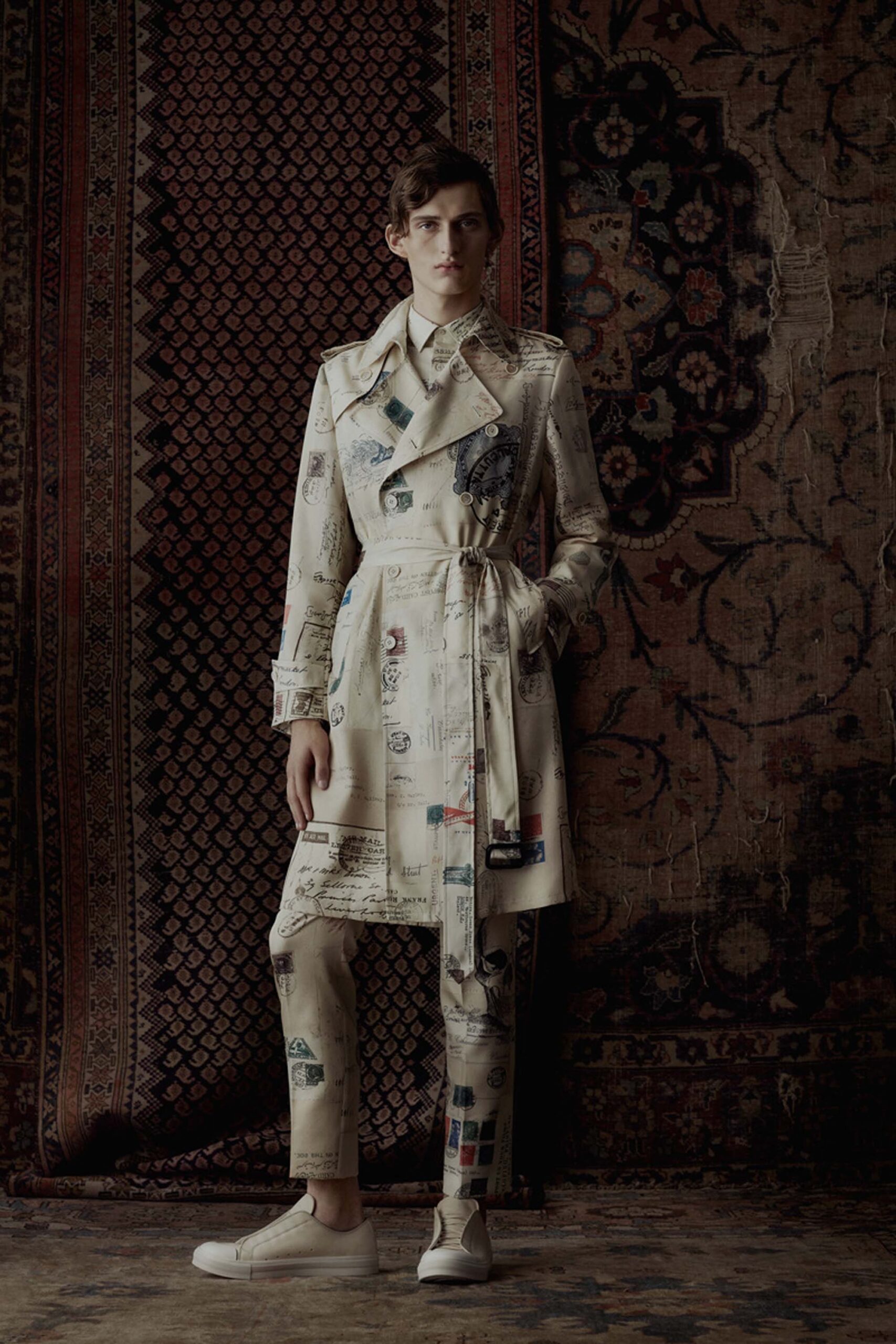 beige cotton long-sleeve collared fitted belted trench