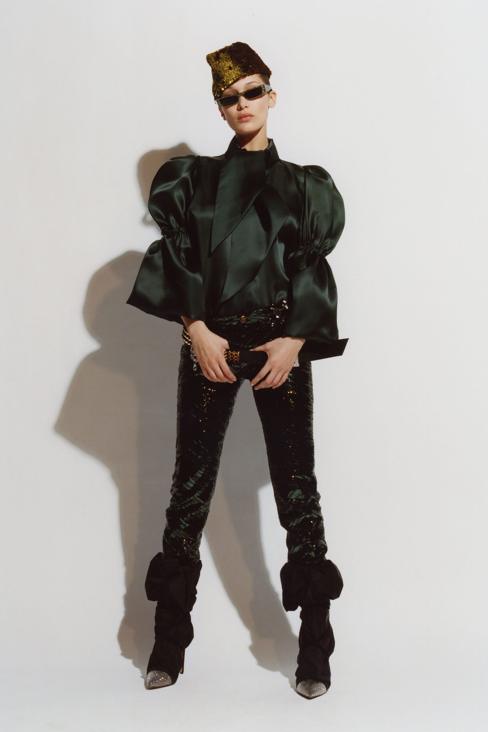 green silk long-sleeve collared fitted padded draped top