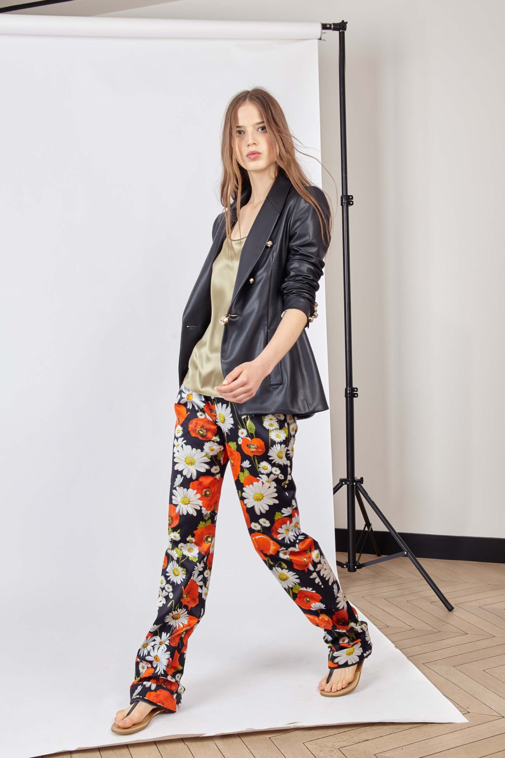 black leather blazer with floral pants