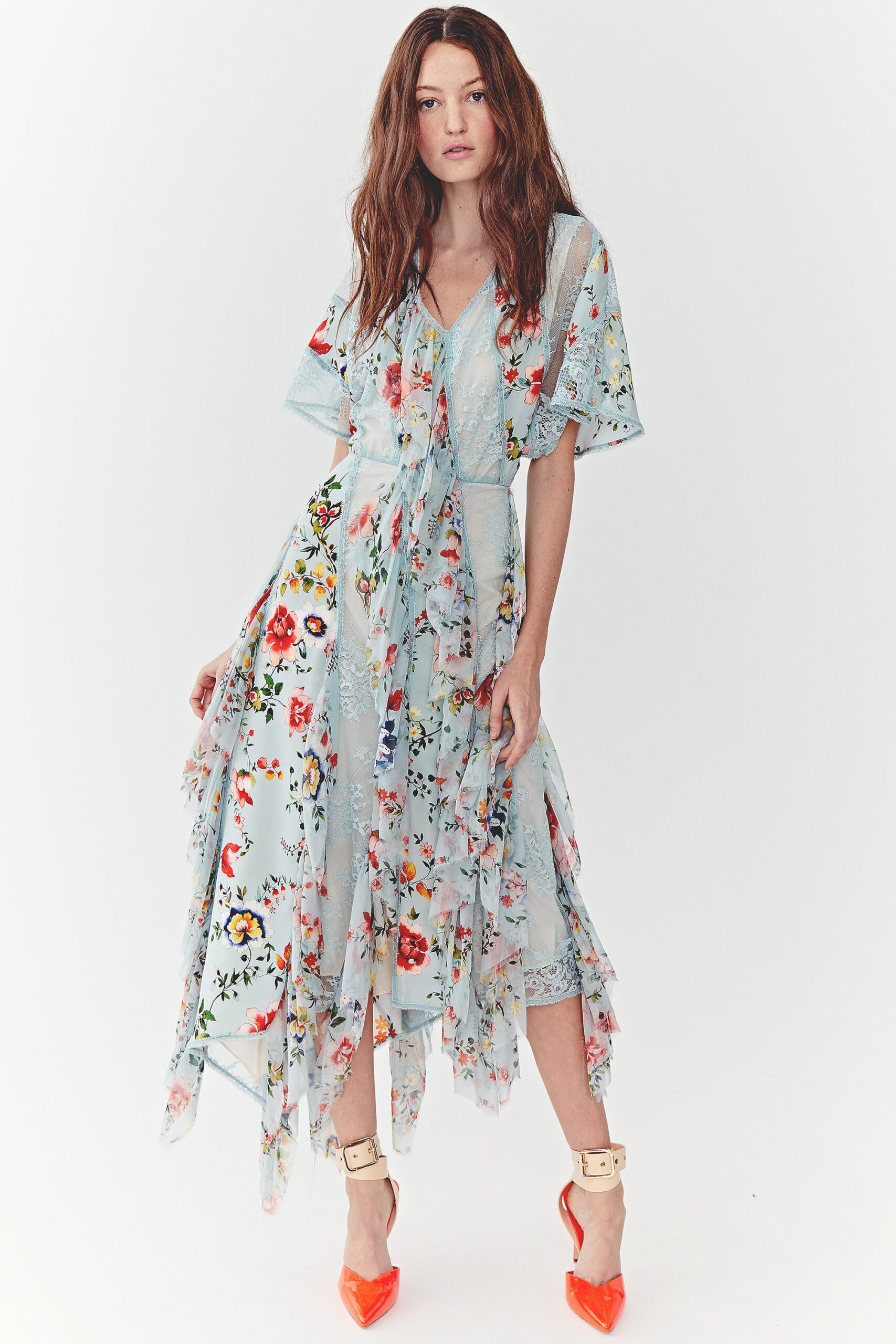 blue floral midi dress with orange shoes