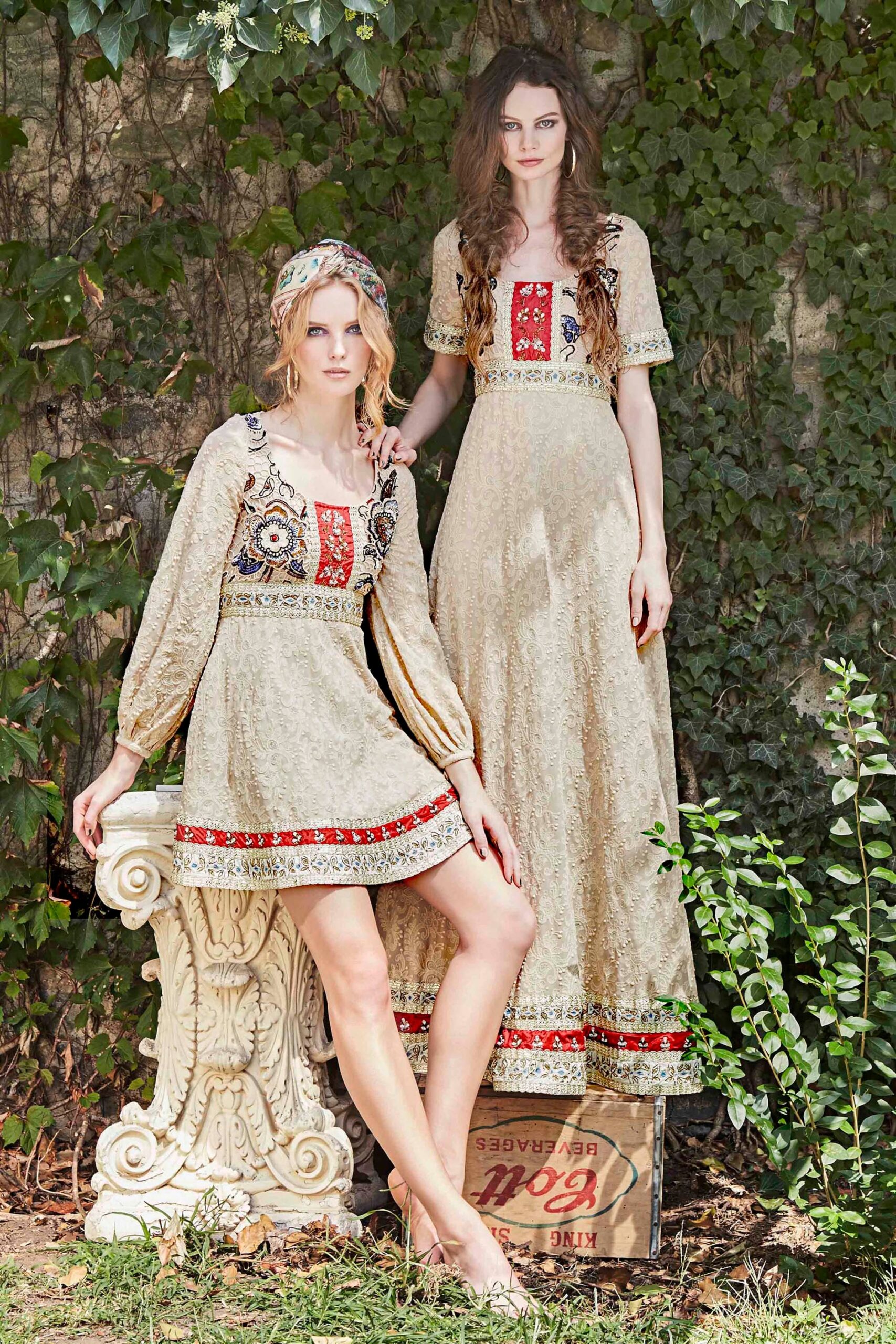 beige cotton long-sleeve collared fitted embroidered pleated mini-dress