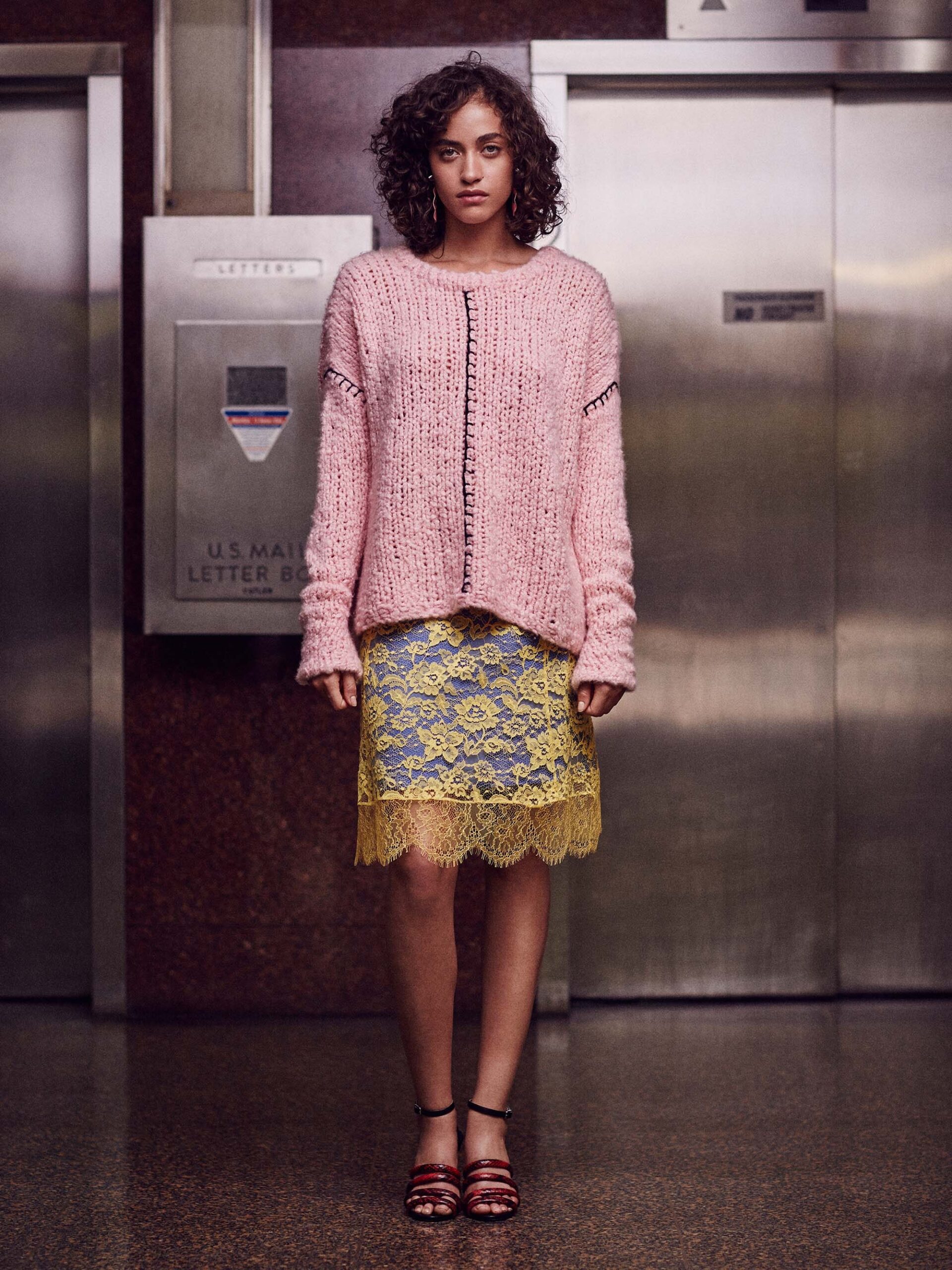 pink wool relaxed sweater with lace skirt