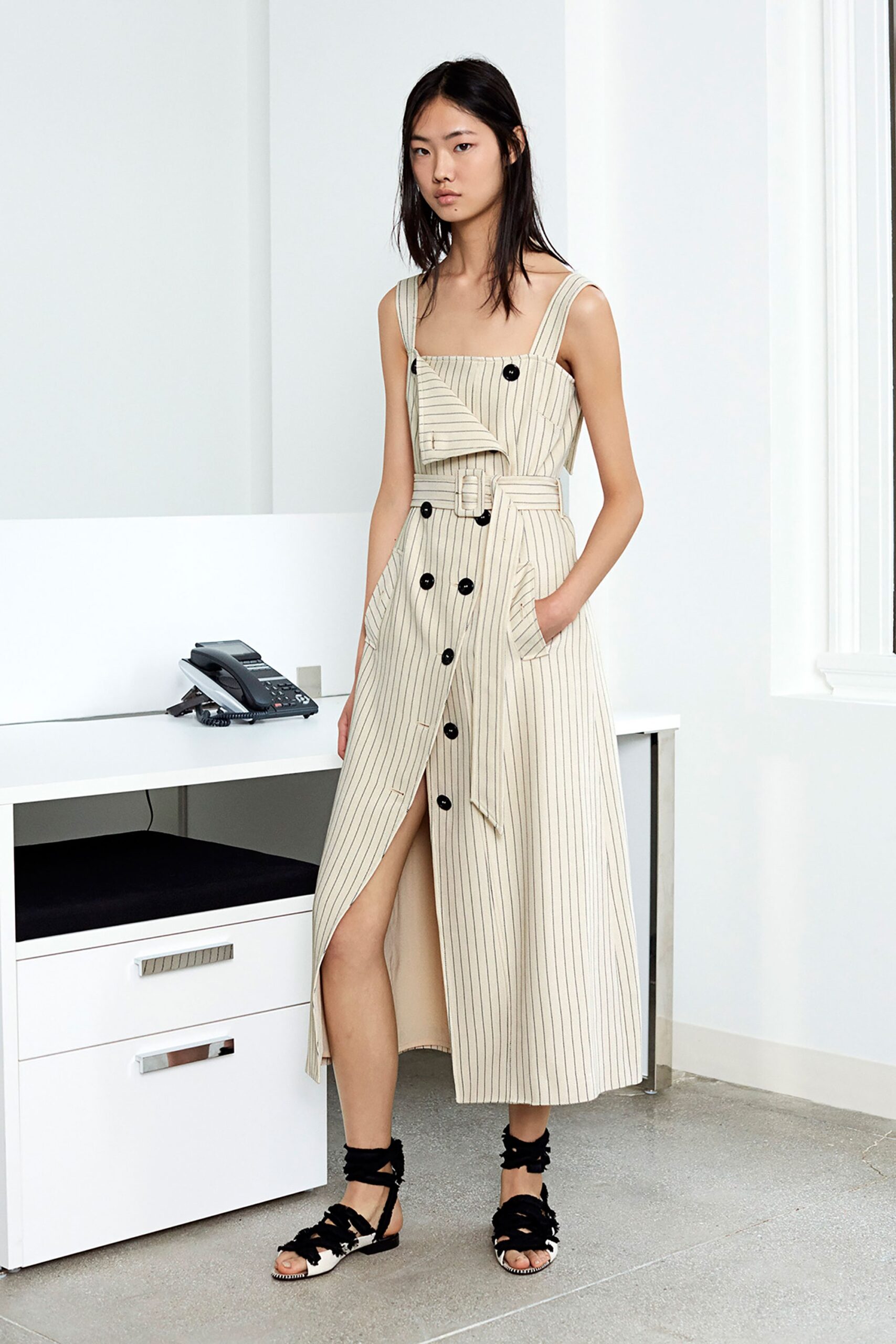 beige cotton sleeveless v-neck fitted buttoned striped dress