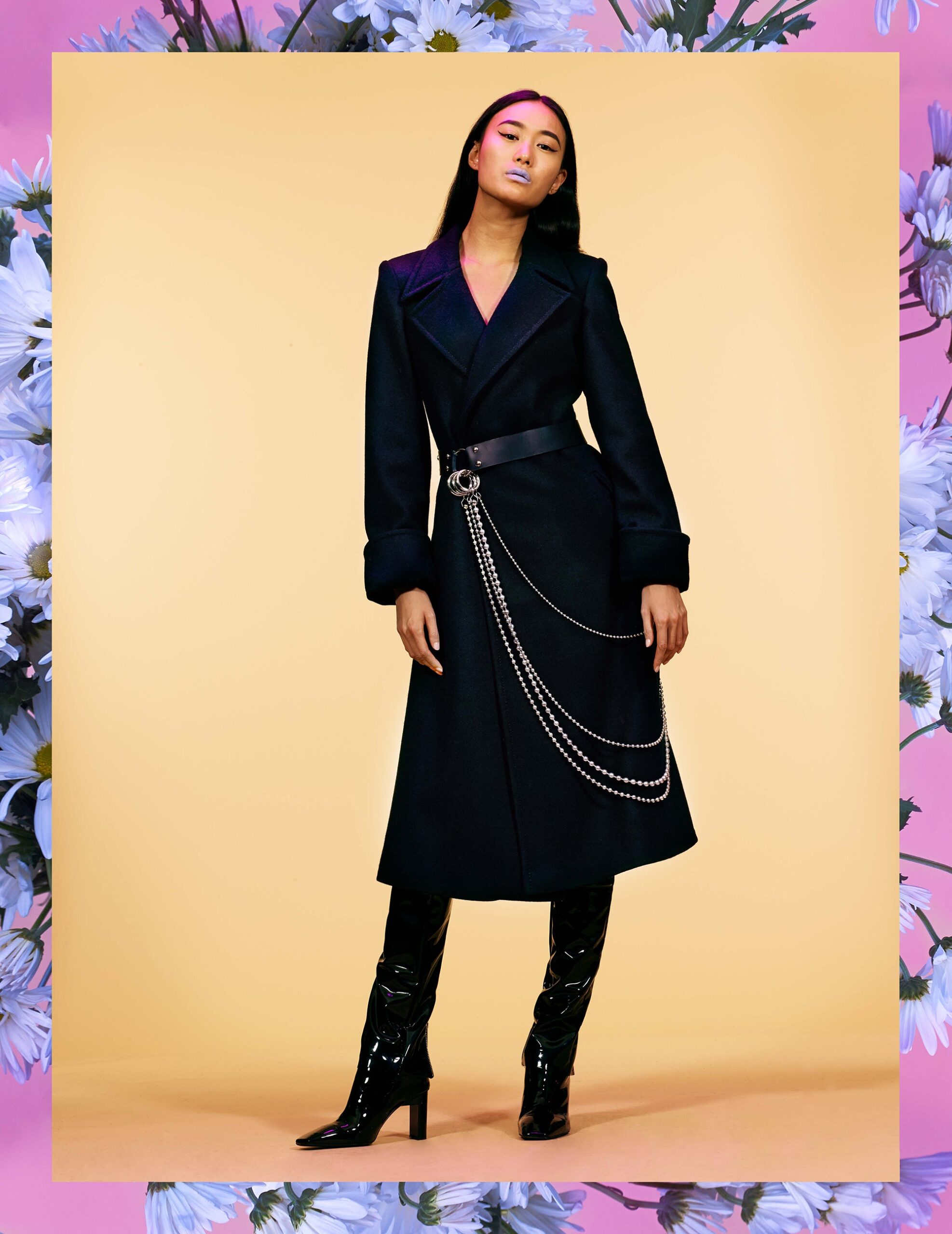 black wool belted coat and boots