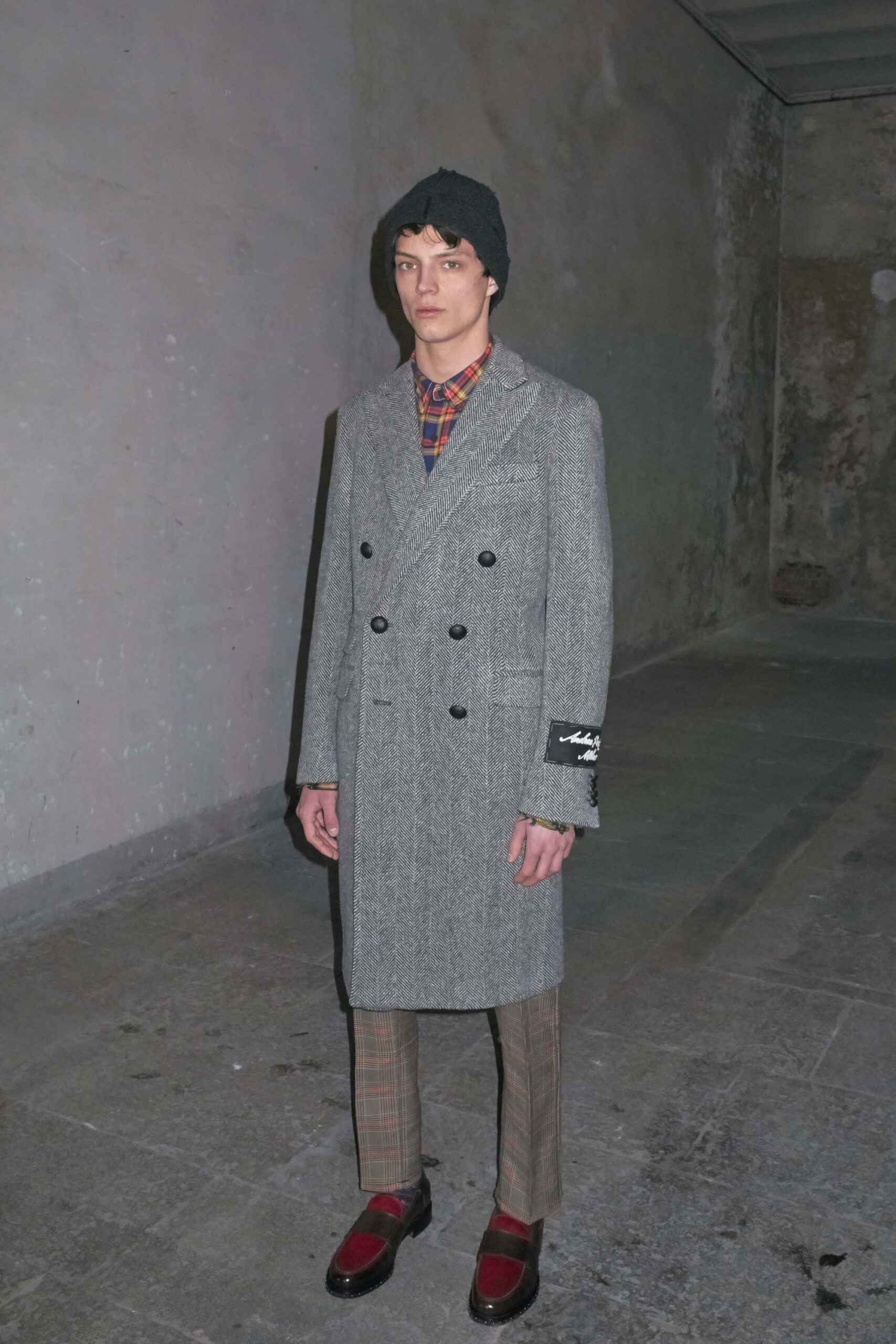 brown wool slim checked pants