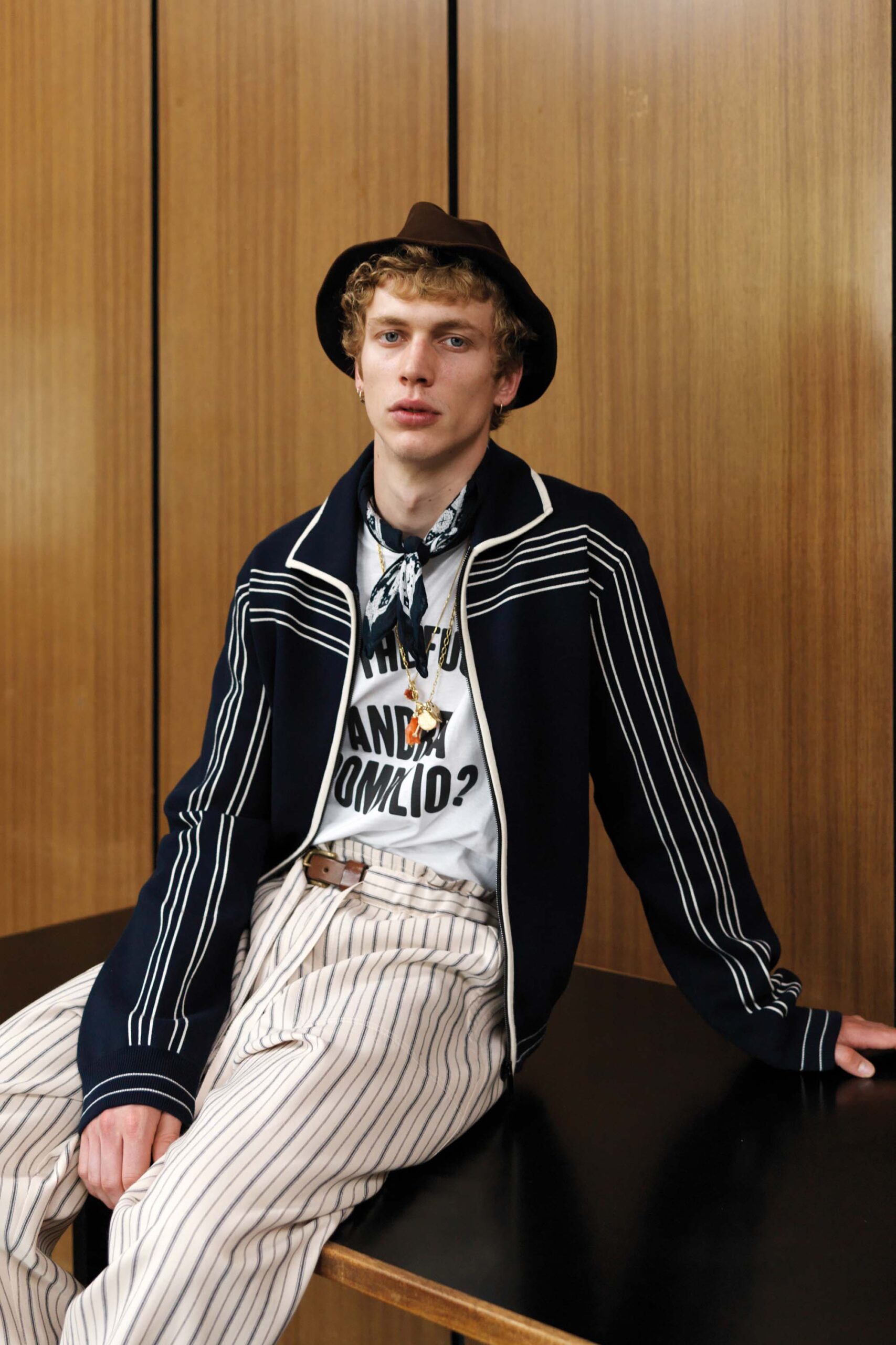 relaxed navy jacket with striped pants