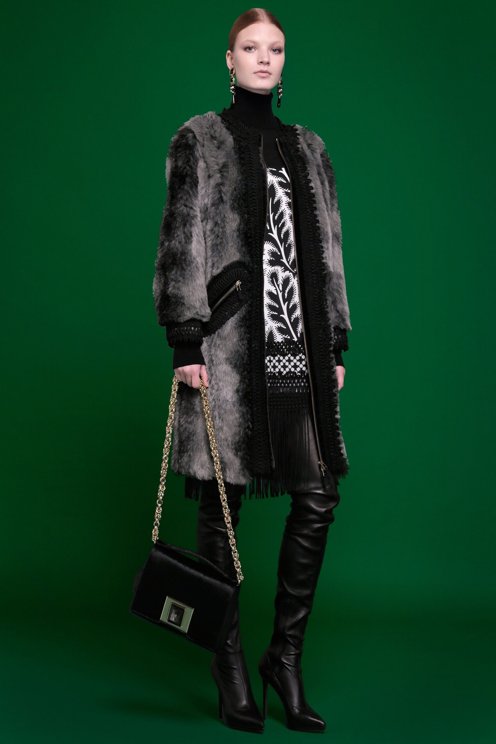 gray faux-fur coat with black knit top